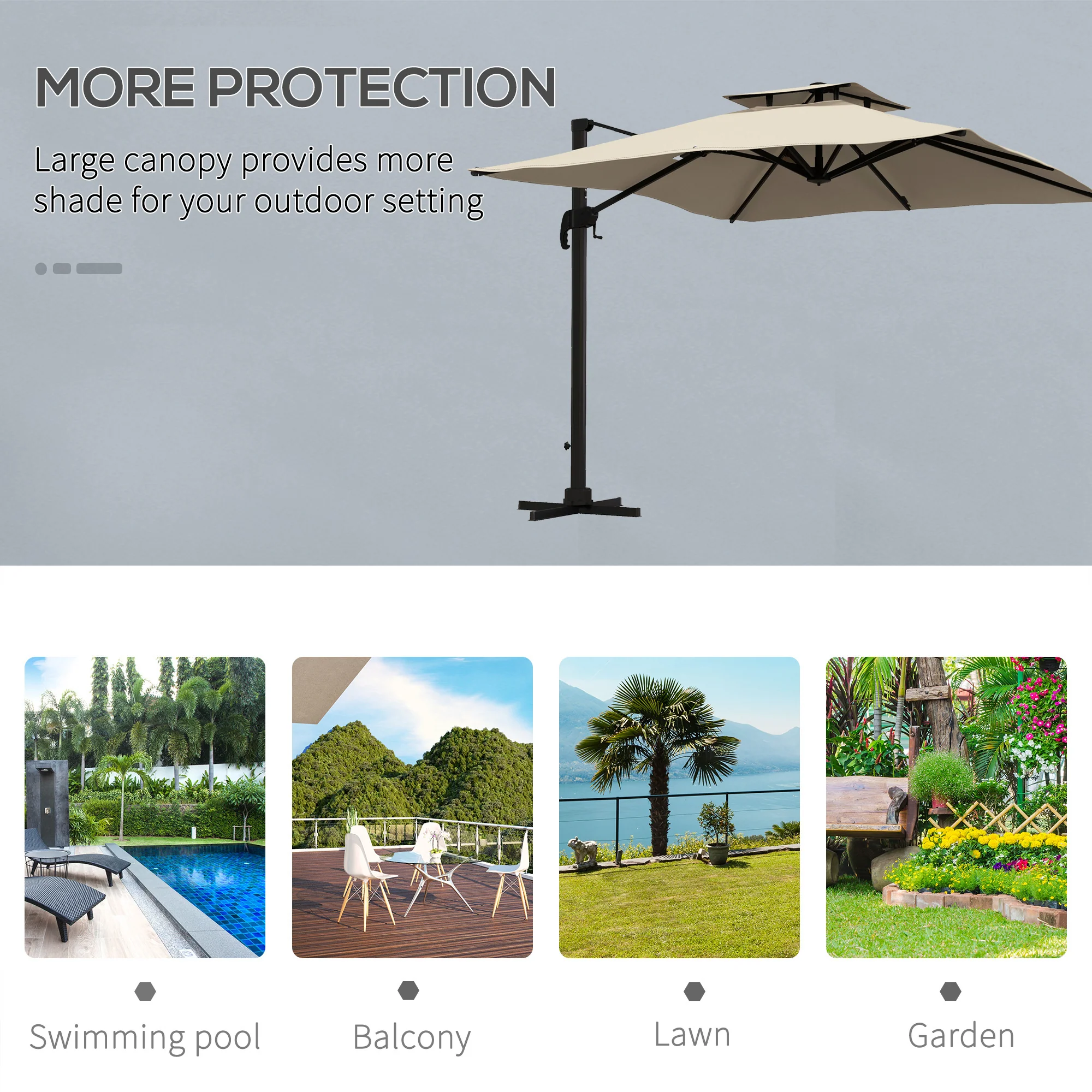 10ft Square Cantilever Patio Umbrella with 360° Rotation and Double Canopy, Khaki - Image 9