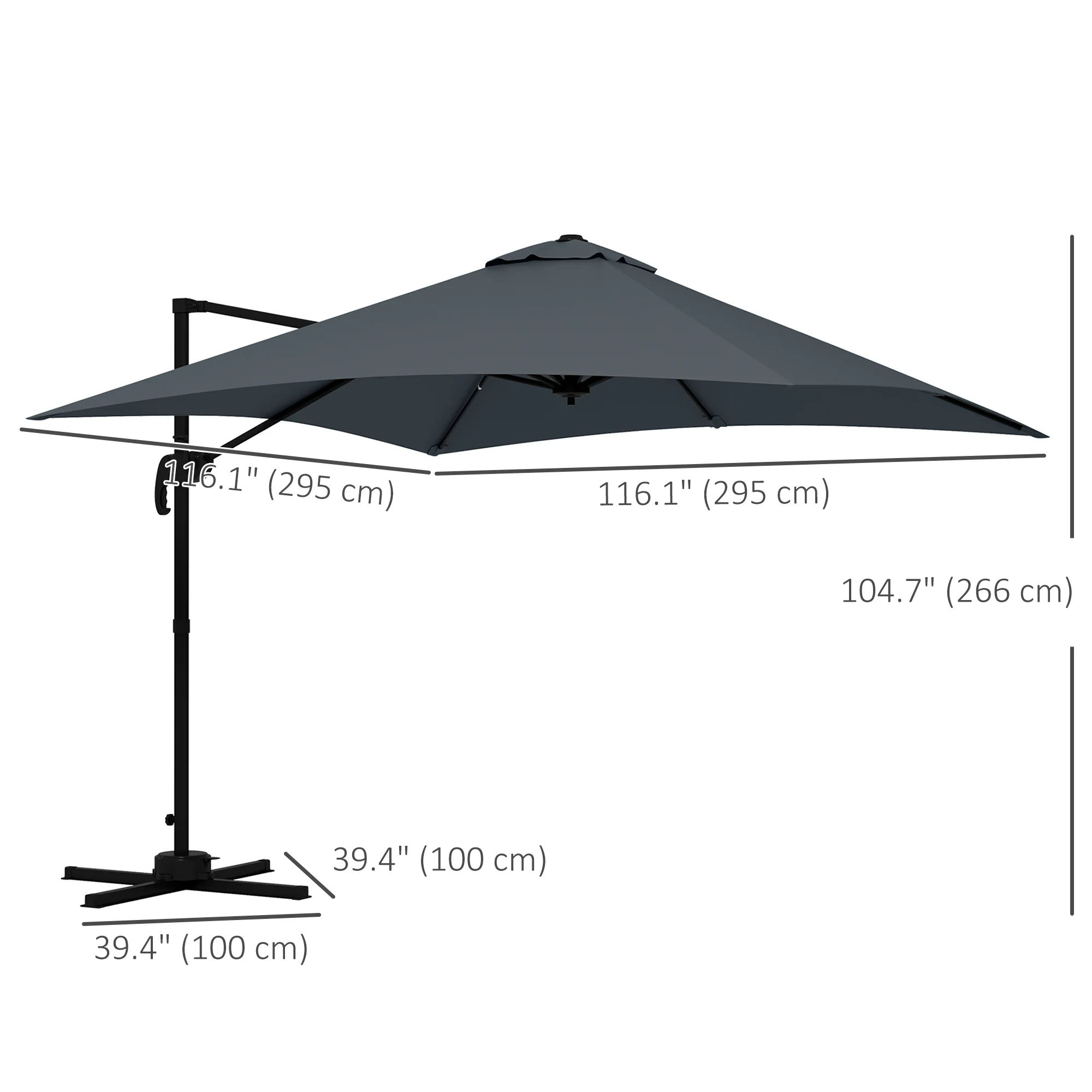 10'x 10' Square Cantilever Umbrella with 4 Adjustable Angle and Rotation, Dark Grey - Image 5