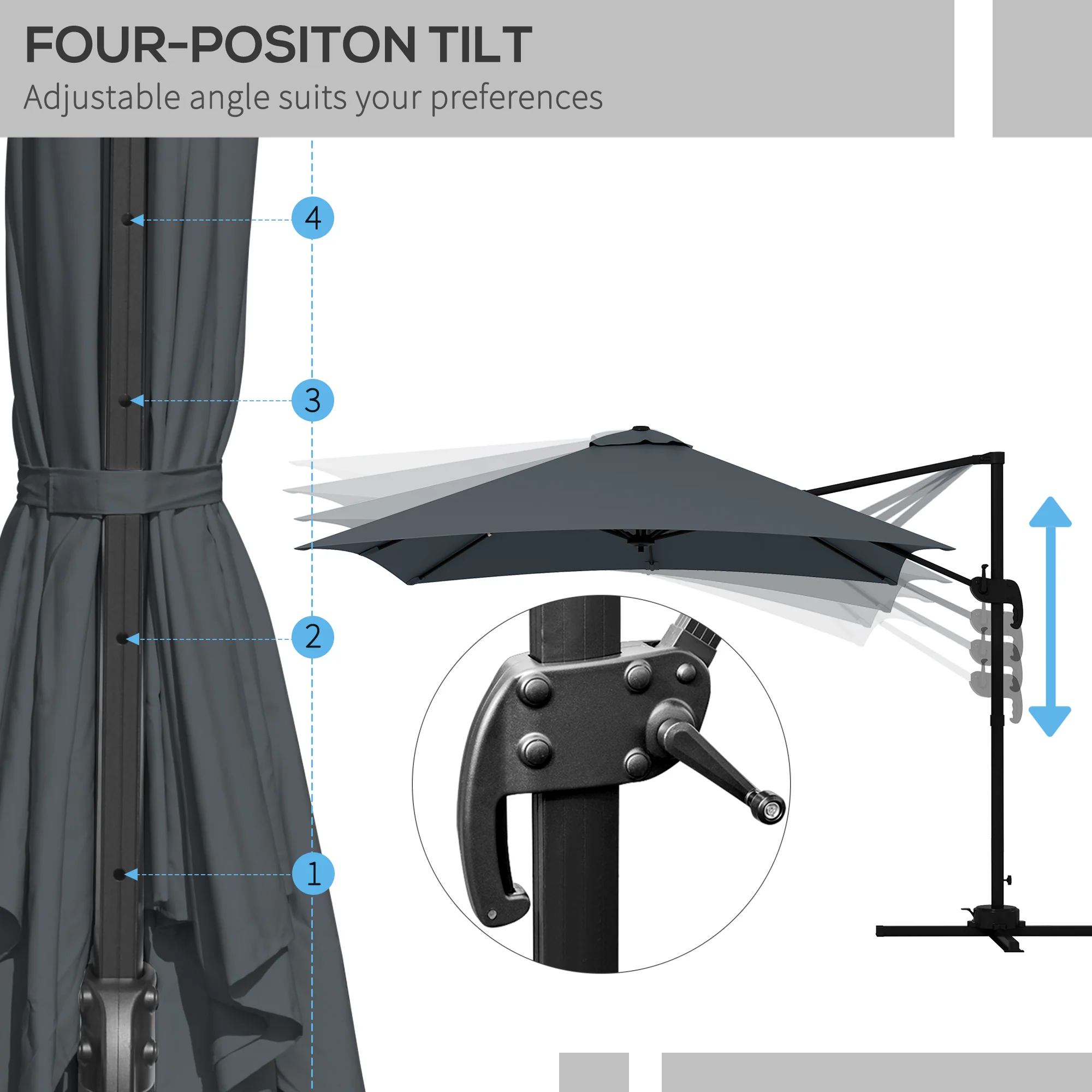 10'x 10' Square Cantilever Umbrella with 4 Adjustable Angle and Rotation, Dark Grey - Image 6