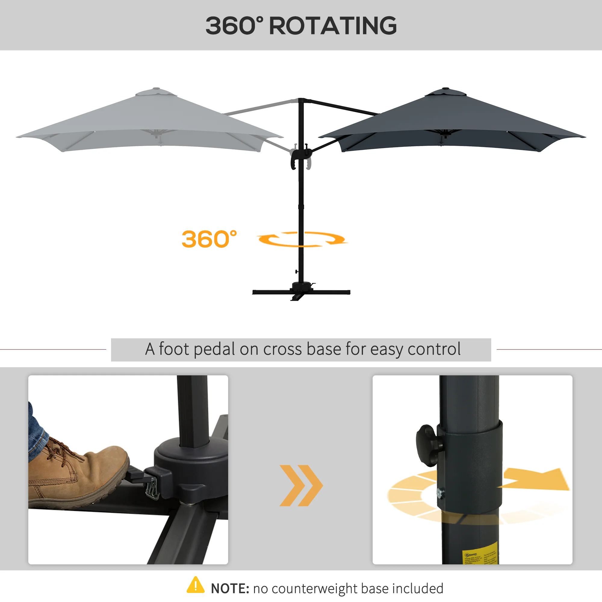 10'x 10' Square Cantilever Umbrella with 4 Adjustable Angle and Rotation, Dark Grey - Image 7