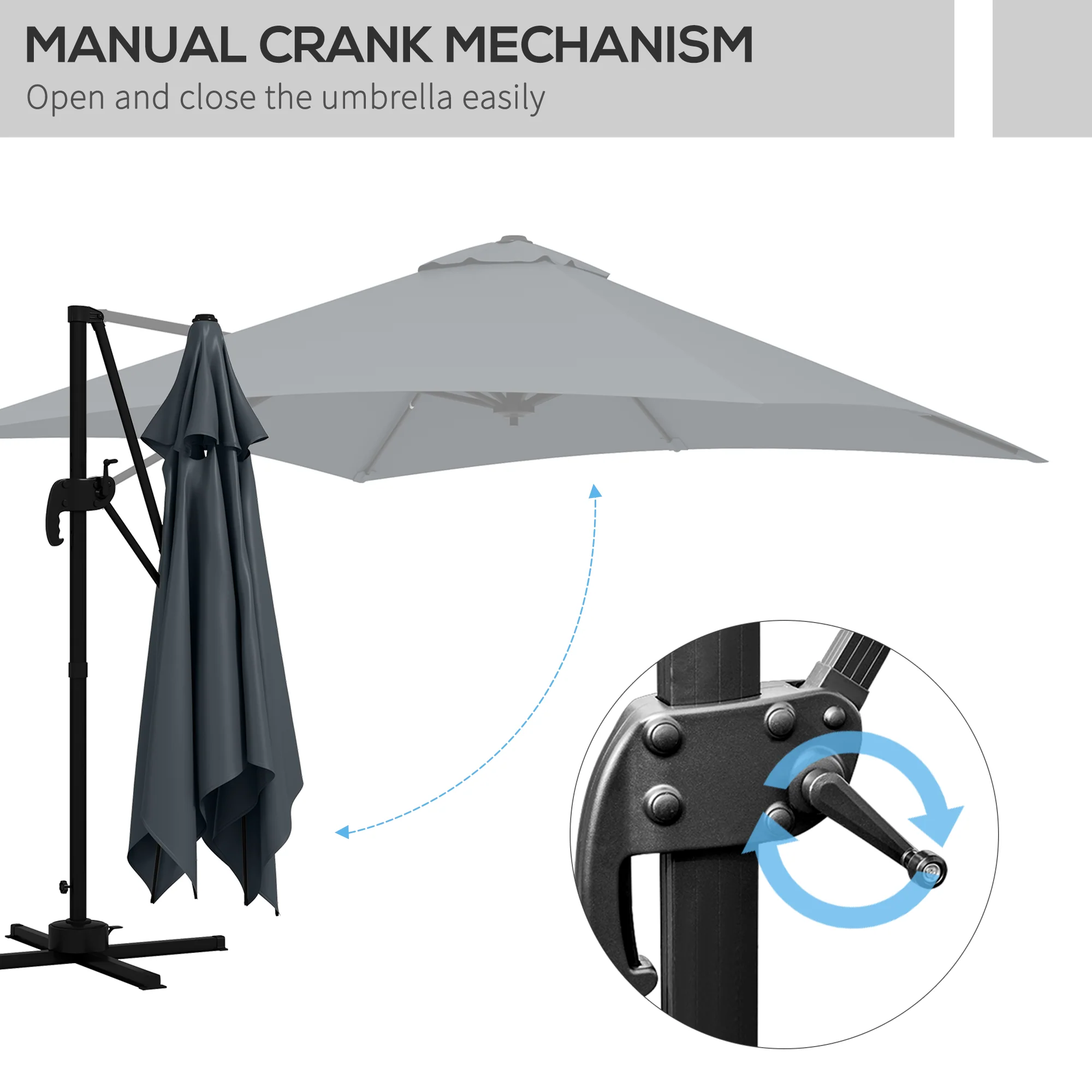 10'x 10' Square Cantilever Umbrella with 4 Adjustable Angle and Rotation, Dark Grey - Image 8
