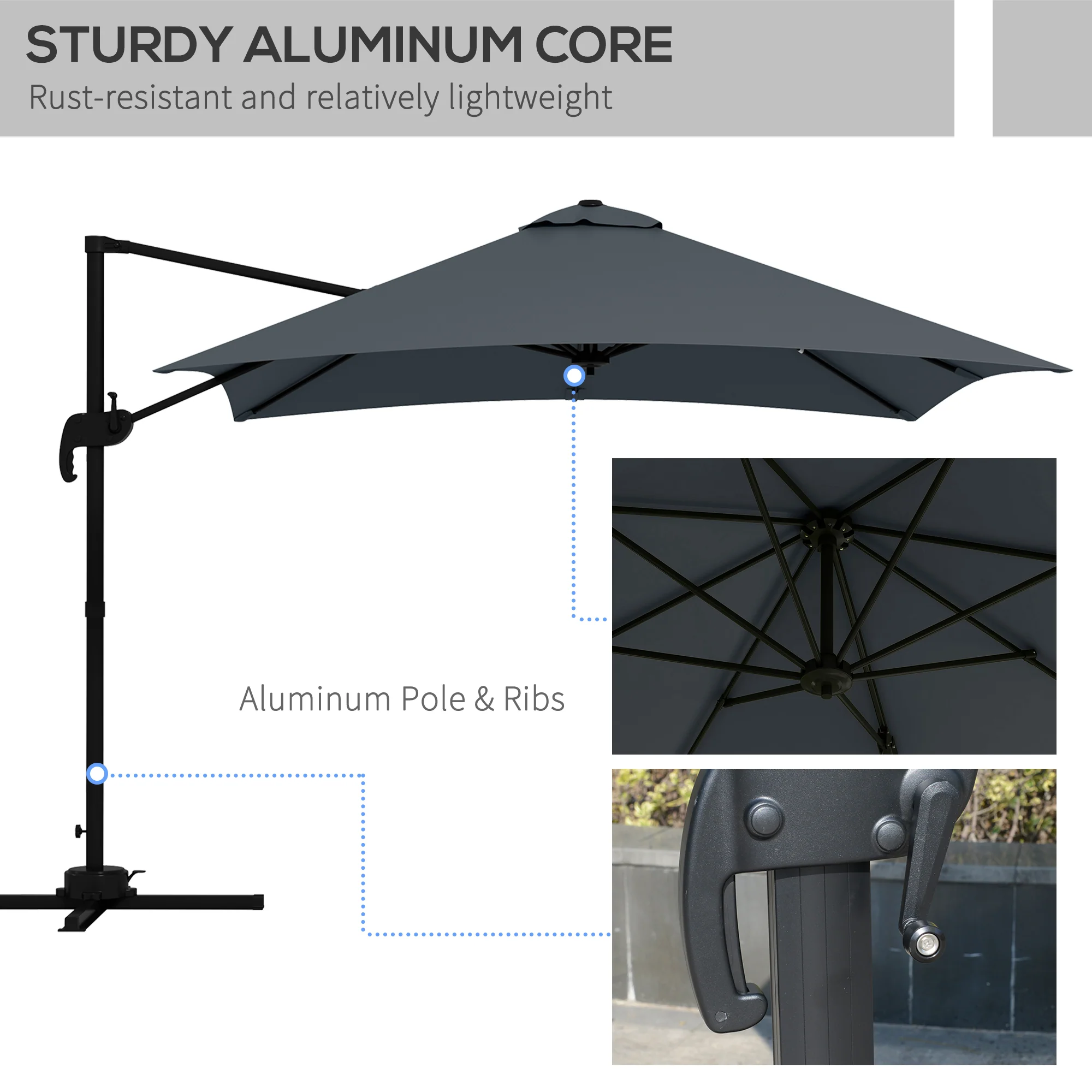 10'x 10' Square Cantilever Umbrella with 4 Adjustable Angle and Rotation, Dark Grey - Image 9