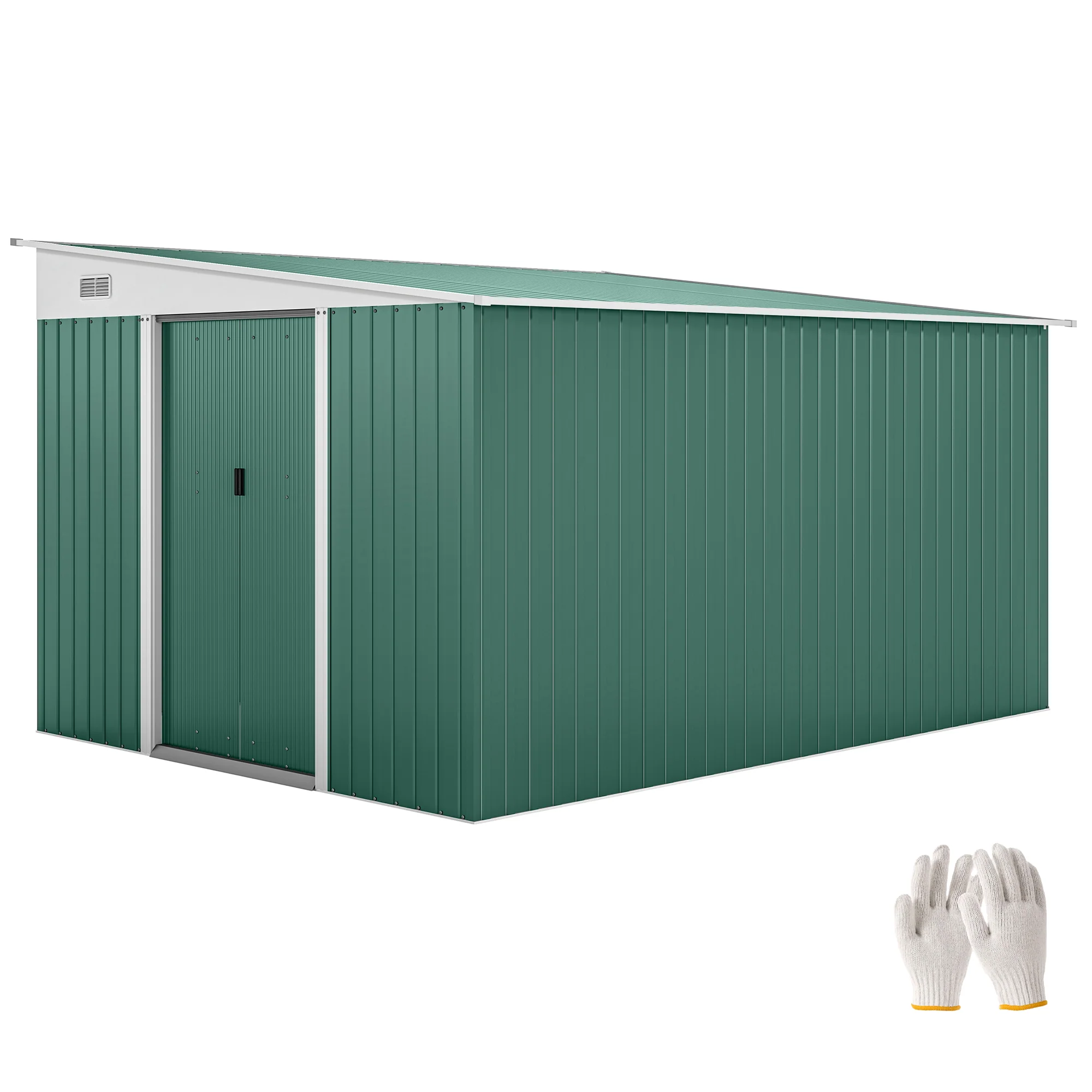 11 x 9ft Lean to Metal Garden Shed, Tool Storage House w/ Double Sliding Doors & 2 Air Vents, Green