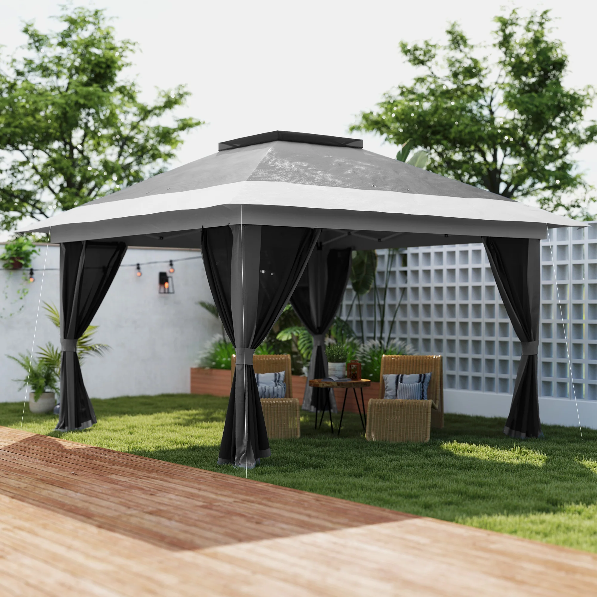 11.7' x 11.7' Pop-Up Canopy with Netting, UPF50+ Shelter with Wheeled Carry Bag and Sand Bags - Image 3