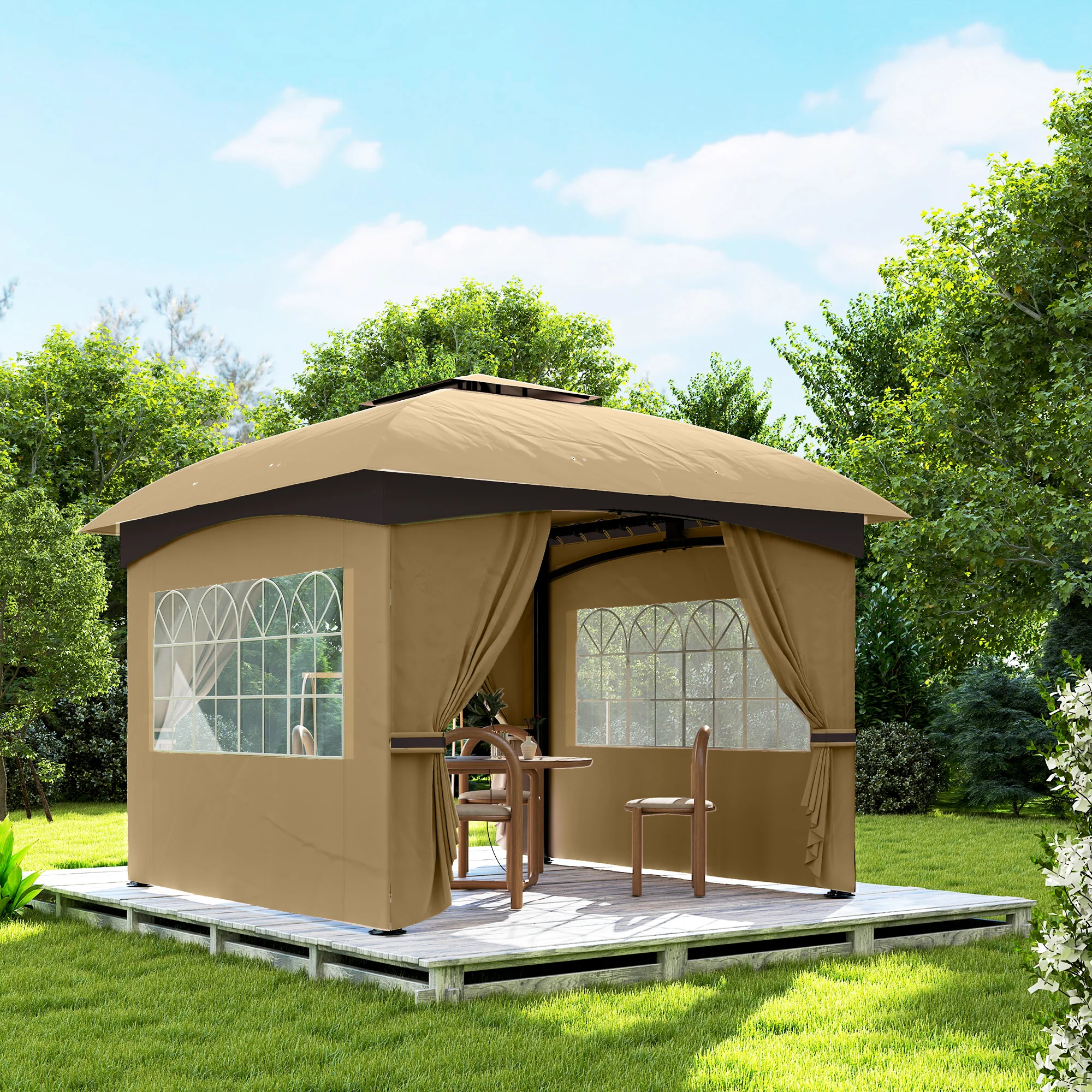 11' x 11' Double Roof Gazebo with Church Windows & Steel Frame, Beige - Image 10