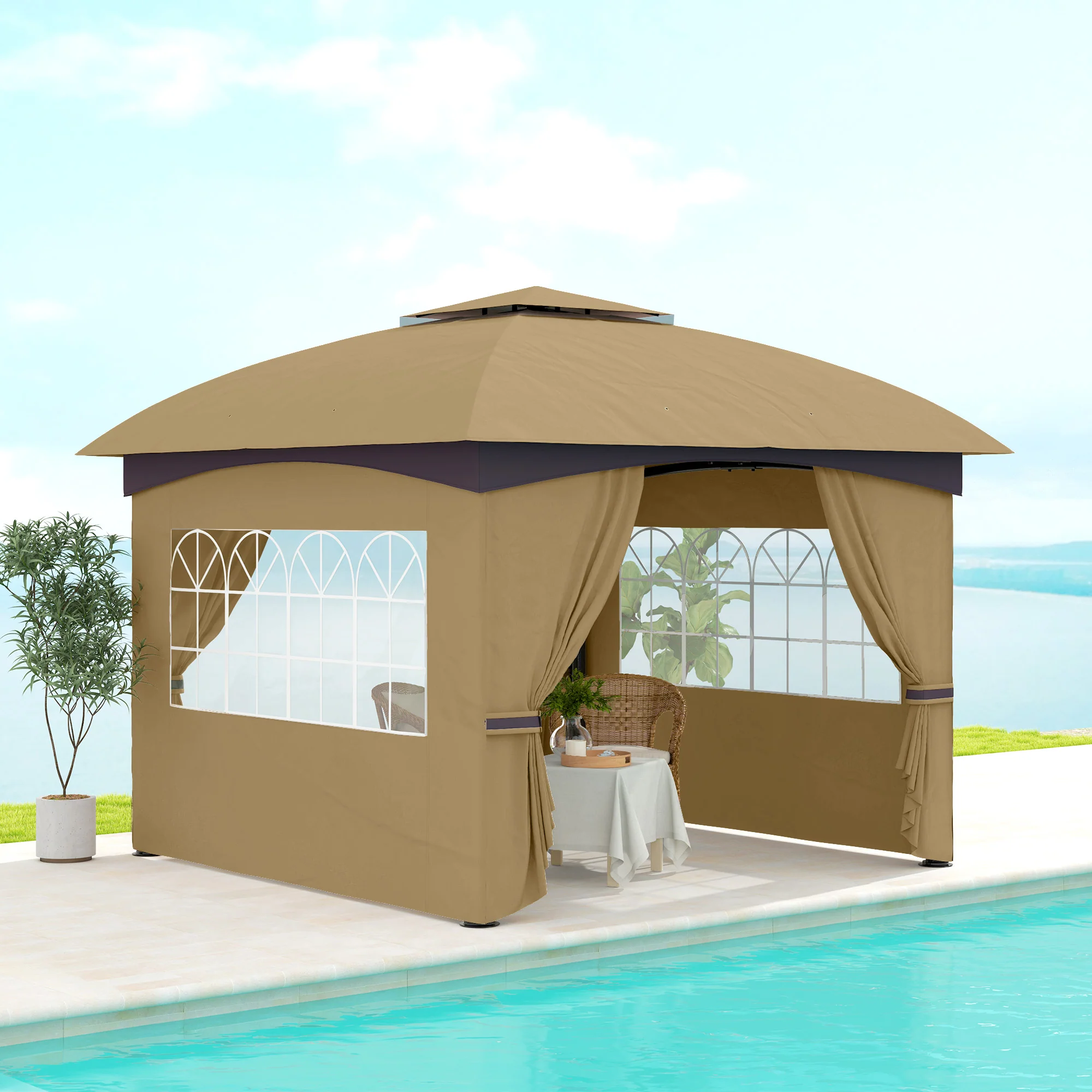 11' x 11' Double Roof Gazebo with Church Windows & Steel Frame, Beige - Image 4