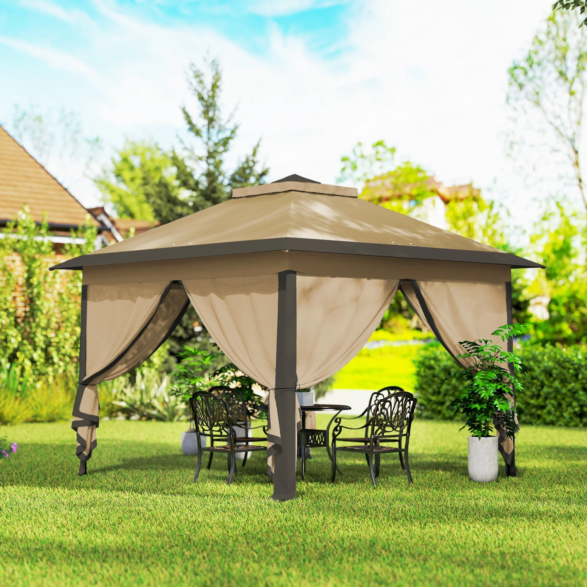 11' x 11' Pop Up Canopy with Double Roof and Mesh Sidewalls, Beige - Image 10