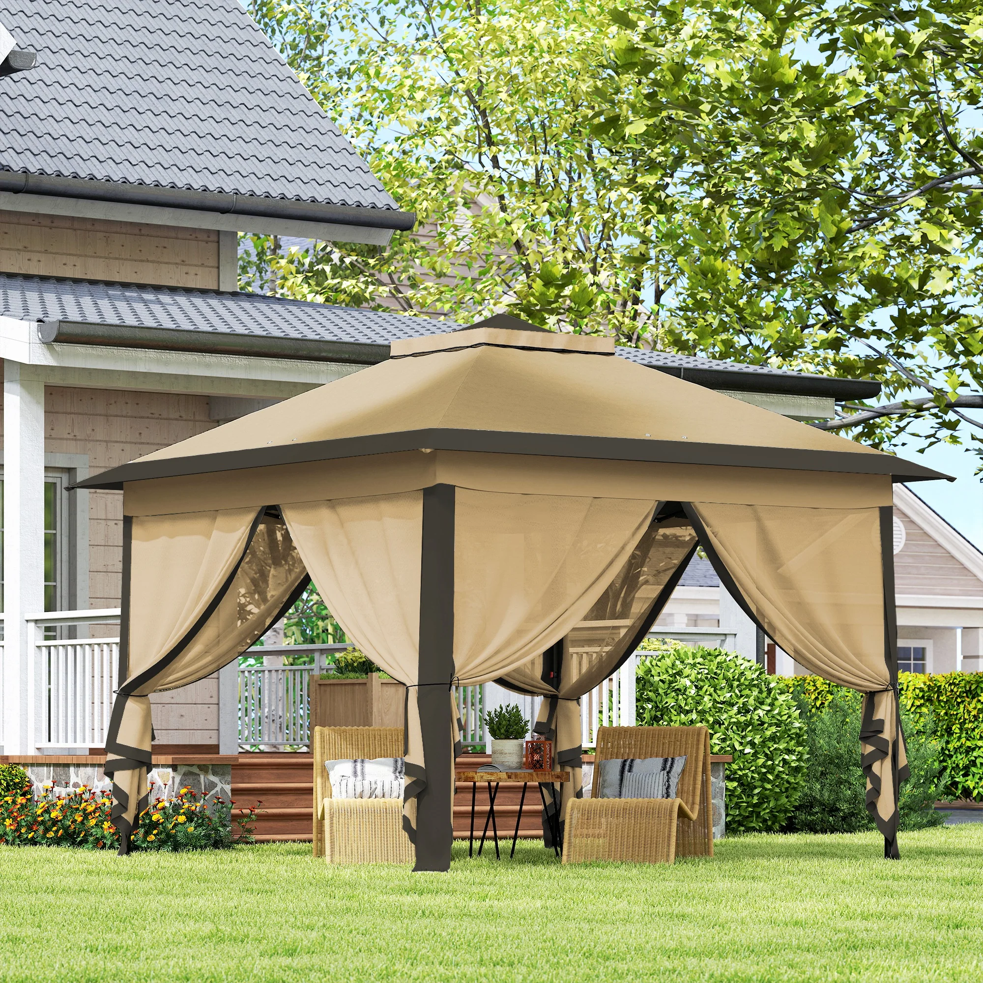 11' x 11' Pop Up Canopy with Double Roof and Mesh Sidewalls, Beige - Image 11