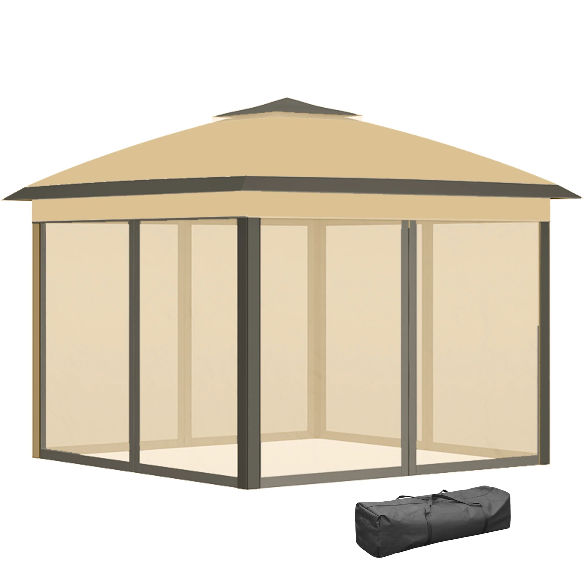 11' x 11' Pop Up Canopy with Double Roof and Mesh Sidewalls, Beige - Image 2