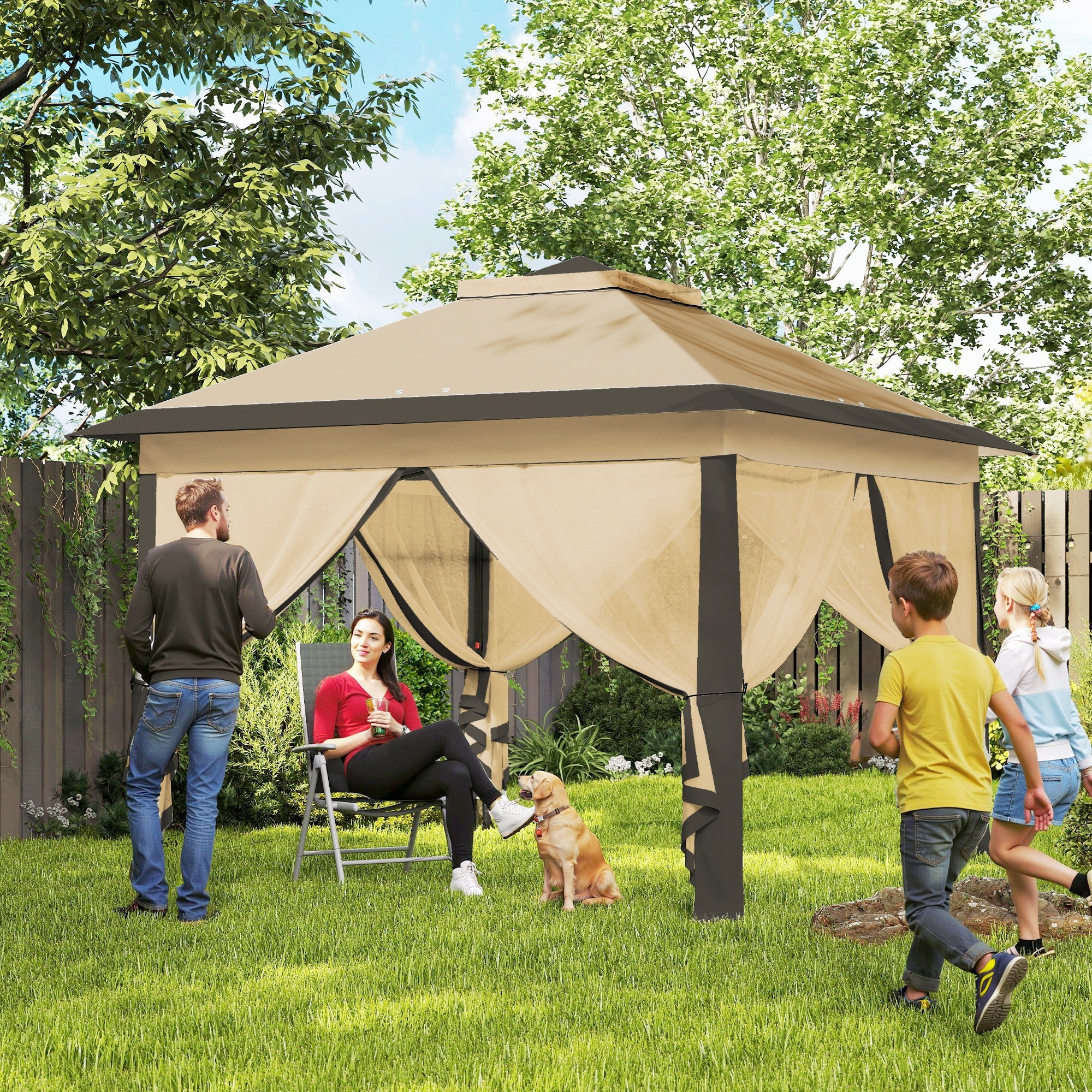 11' x 11' Pop Up Canopy with Double Roof and Mesh Sidewalls, Beige - Image 3