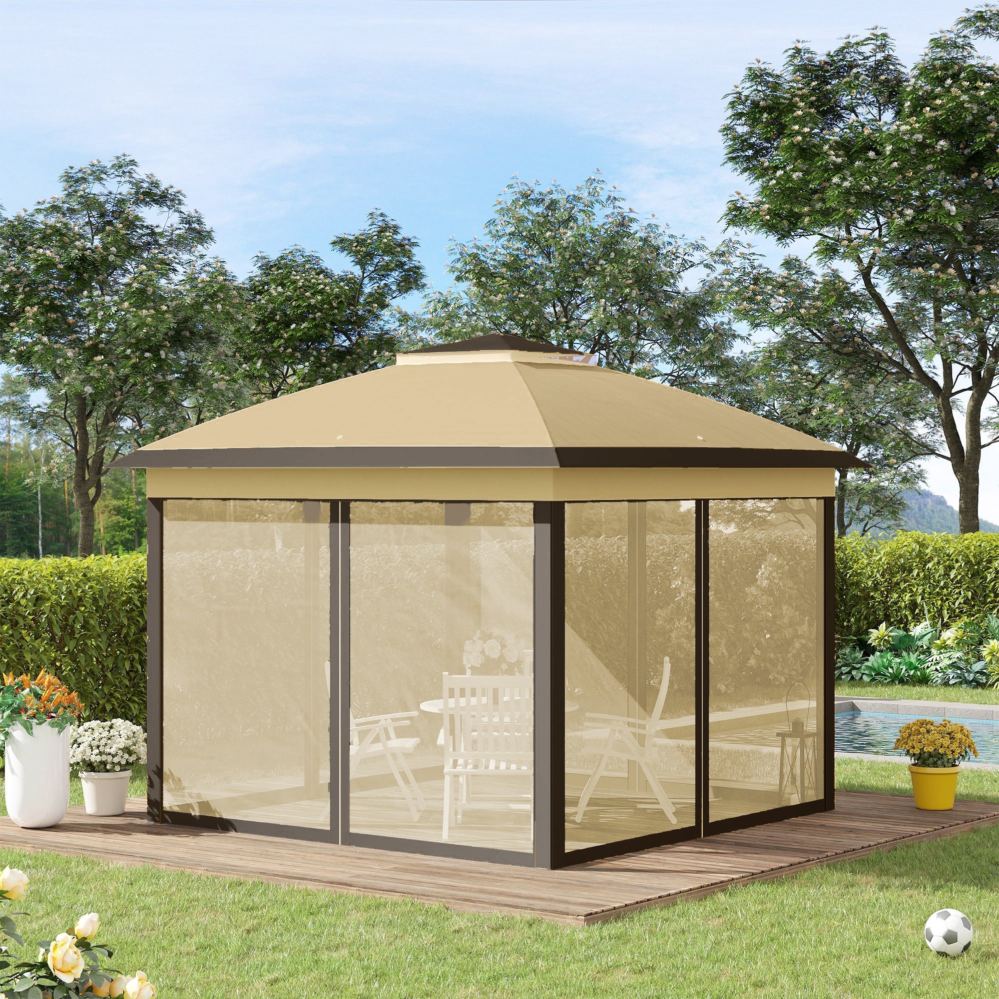 11' x 11' Pop Up Canopy with Double Roof and Mesh Sidewalls, Beige - Image 4