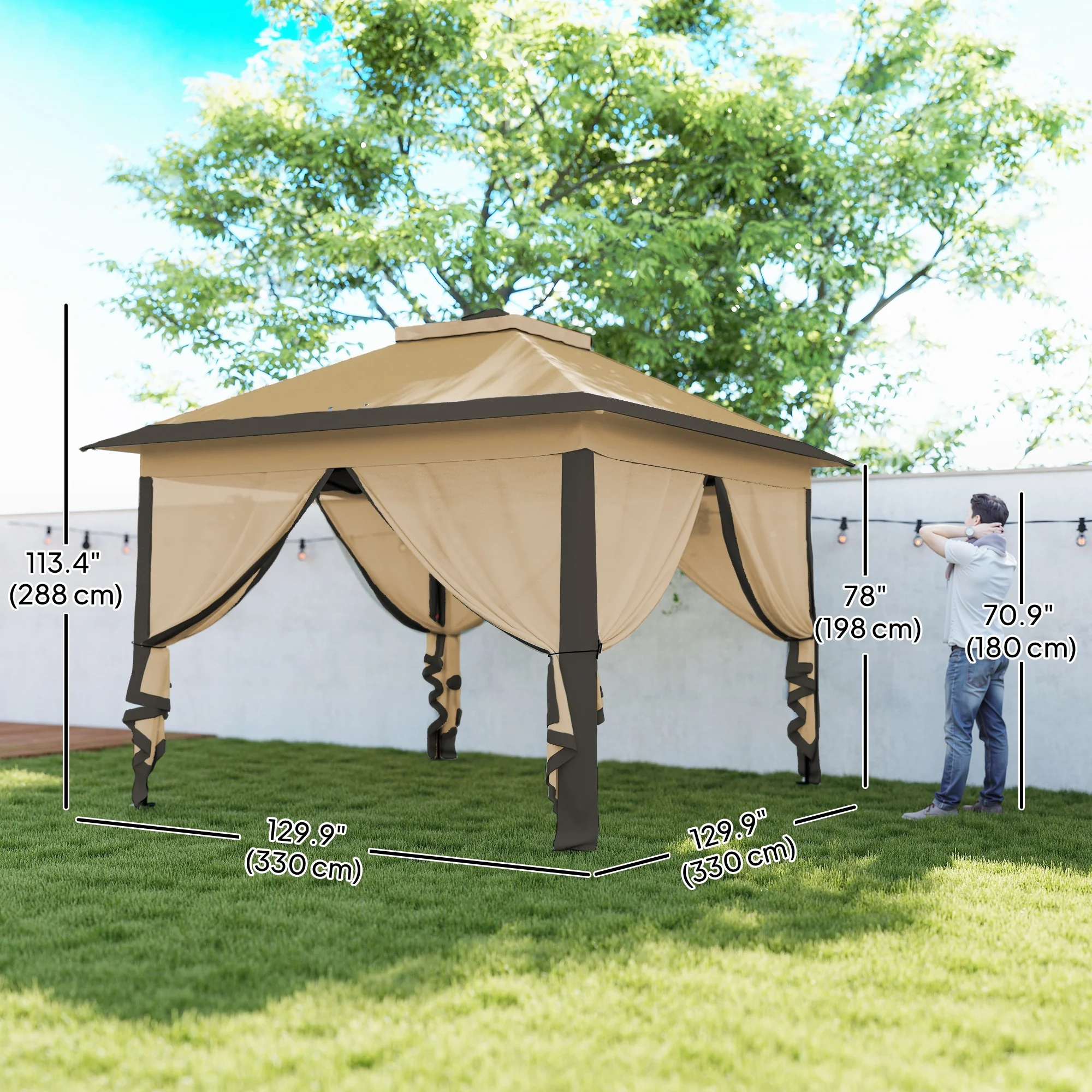 11' x 11' Pop Up Canopy with Double Roof and Mesh Sidewalls, Beige - Image 5