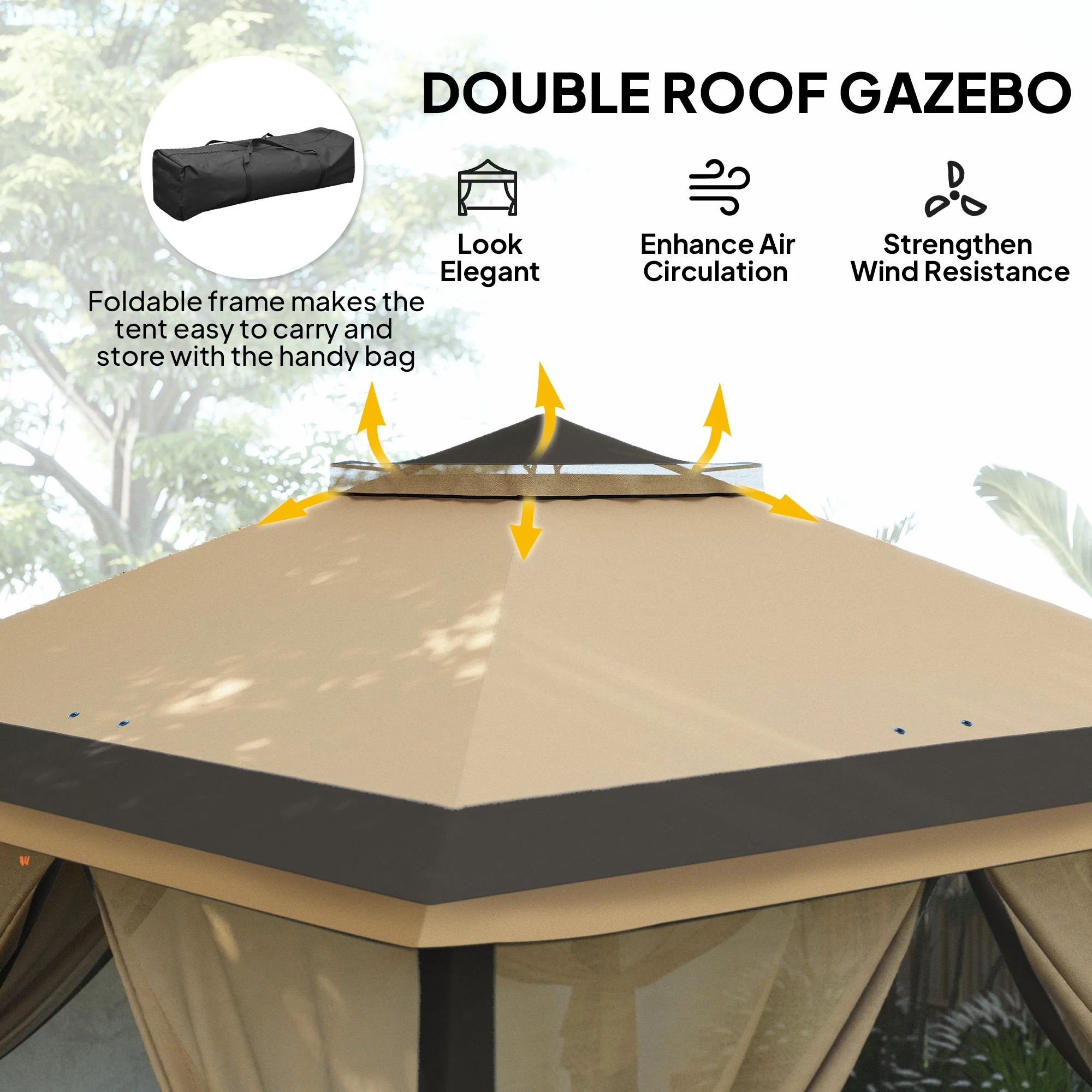 11' x 11' Pop Up Canopy with Double Roof and Mesh Sidewalls, Beige - Image 6