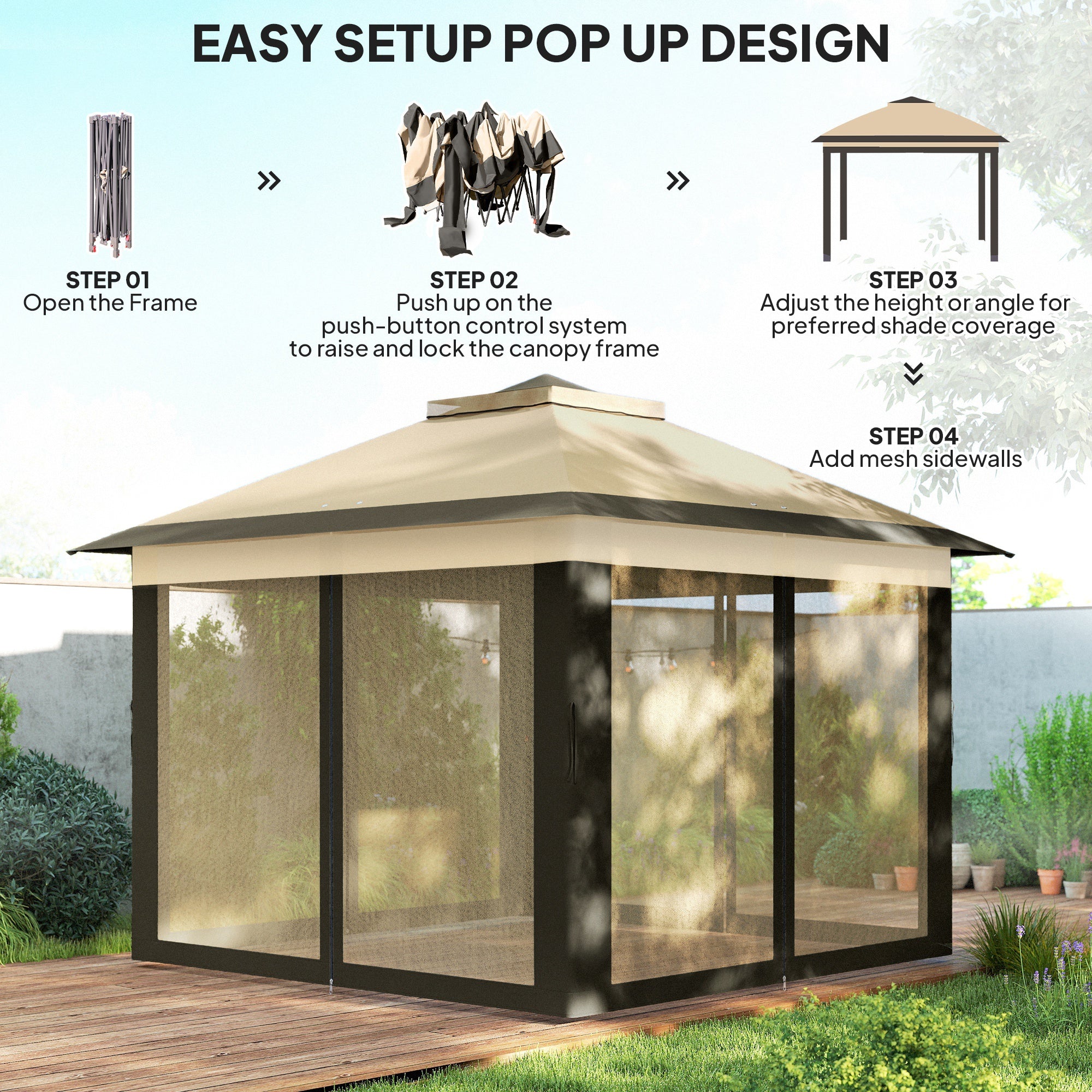 11' x 11' Pop Up Canopy with Double Roof and Mesh Sidewalls, Beige - Image 7