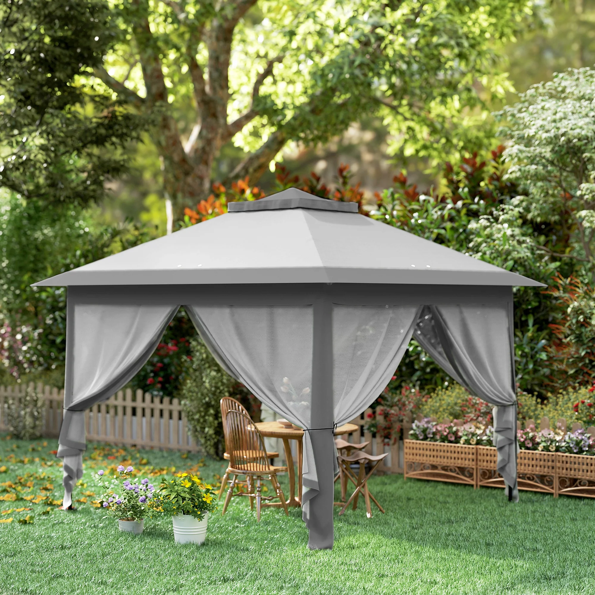 11' x 11' Pop Up Canopy with Double Roof and Mesh Sidewalls, Light Grey - Image 10
