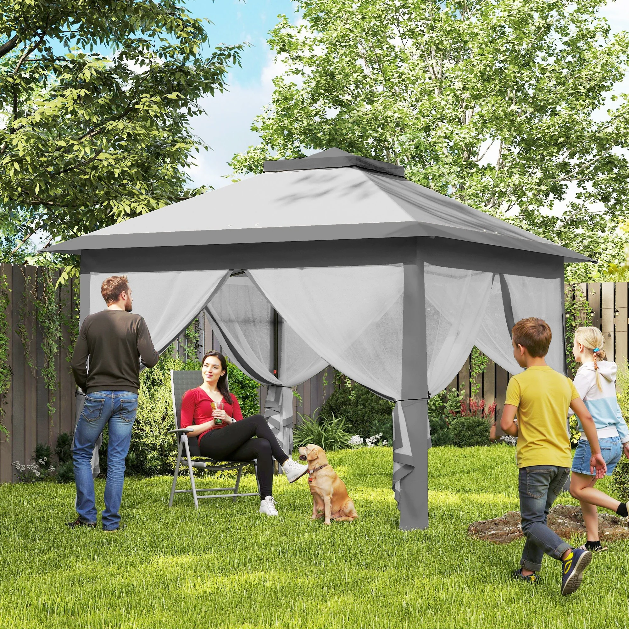 11' x 11' Pop Up Canopy with Double Roof and Mesh Sidewalls, Light Grey - Image 3