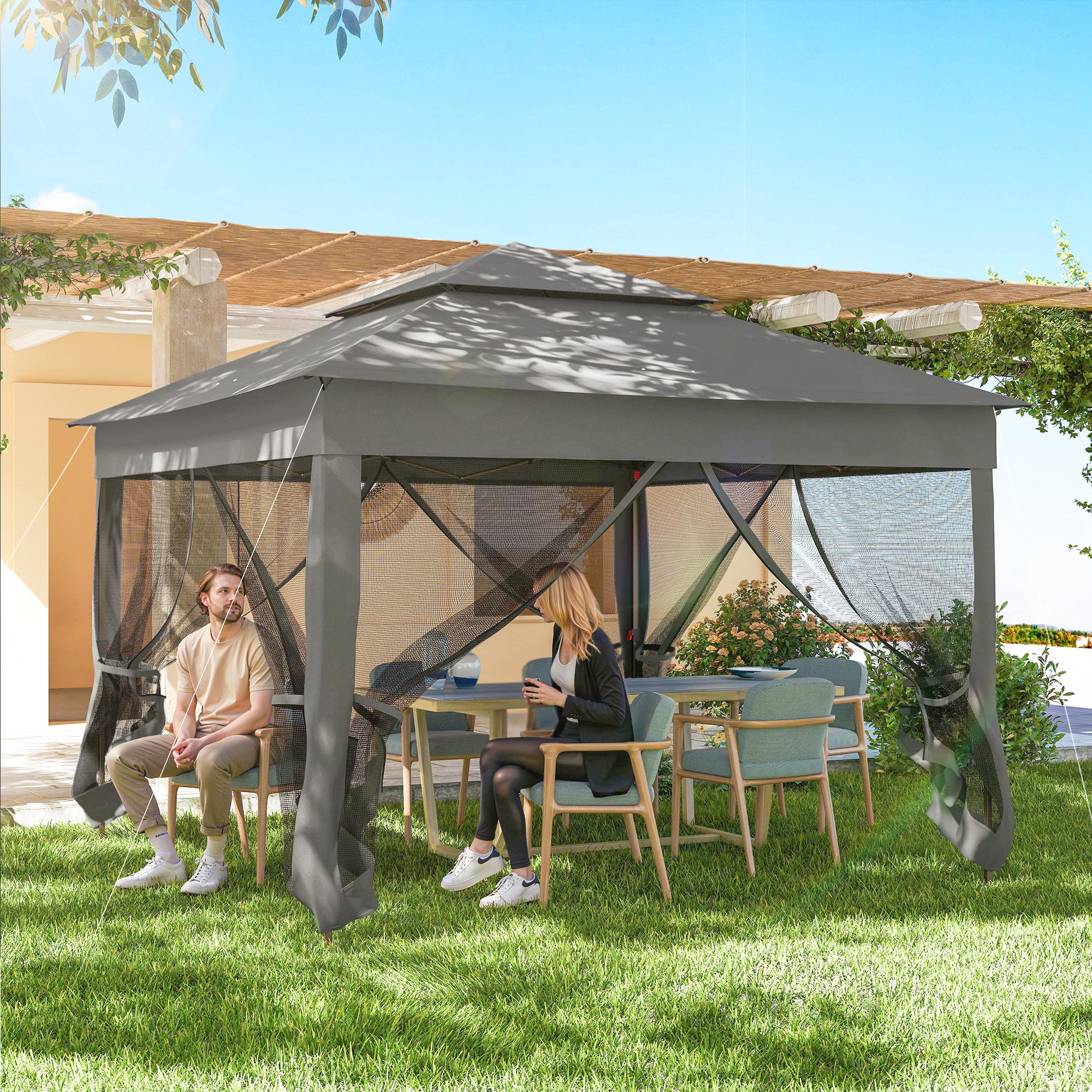 11' x 11' Pop-Up Canopy with 2-Tier Soft Top and Zipper Netting, Dark Grey - Image 10