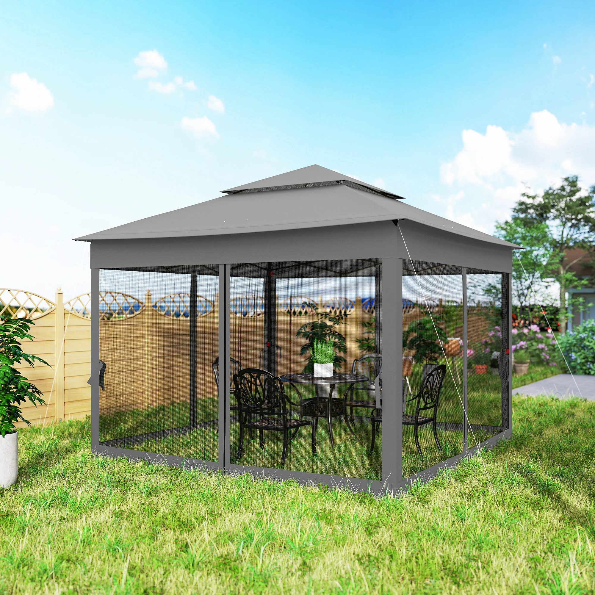 11' x 11' Pop-Up Canopy with 2-Tier Soft Top and Zipper Netting, Dark Grey - Image 11