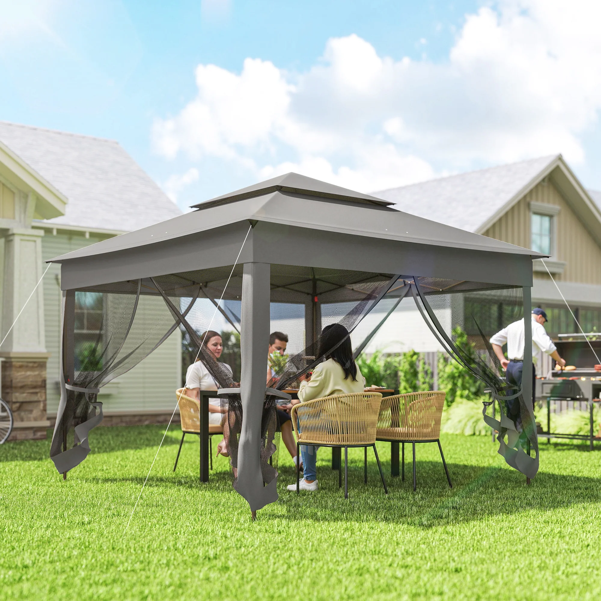 11' x 11' Pop-Up Canopy with 2-Tier Soft Top and Zipper Netting, Dark Grey - Image 3