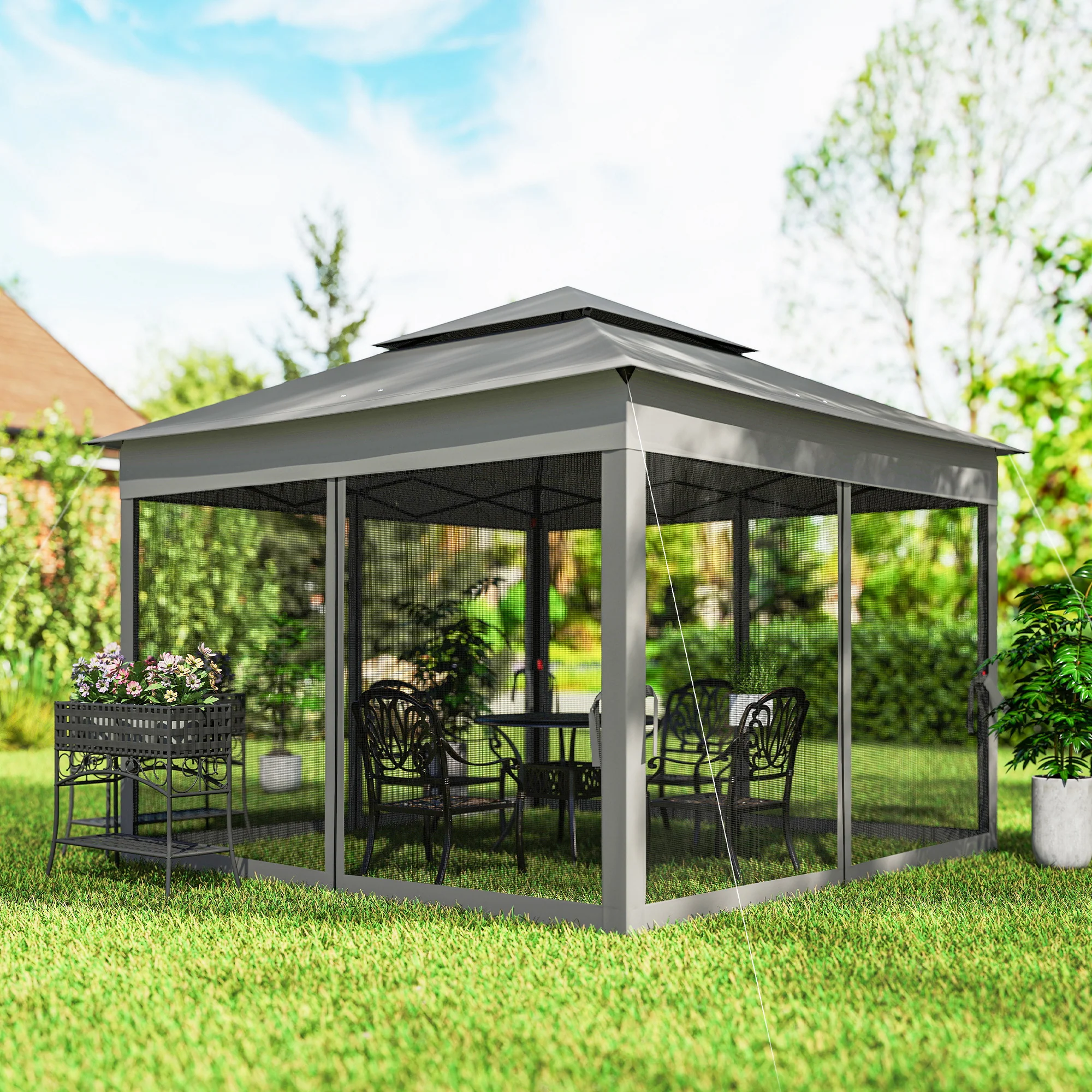 11' x 11' Pop-Up Canopy with 2-Tier Soft Top and Zipper Netting, Dark Grey - Image 4