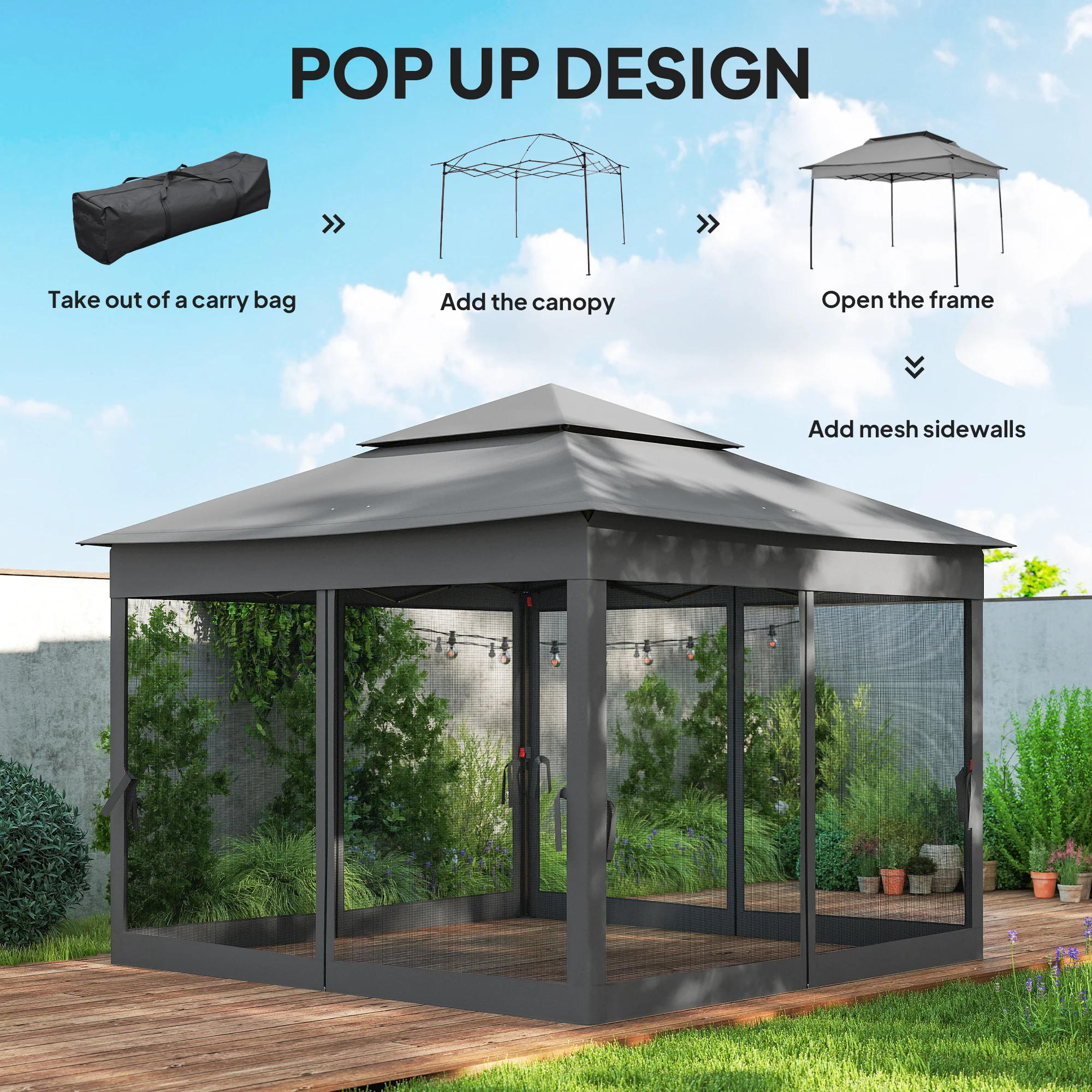 11' x 11' Pop-Up Canopy with 2-Tier Soft Top and Zipper Netting, Dark Grey - Image 6