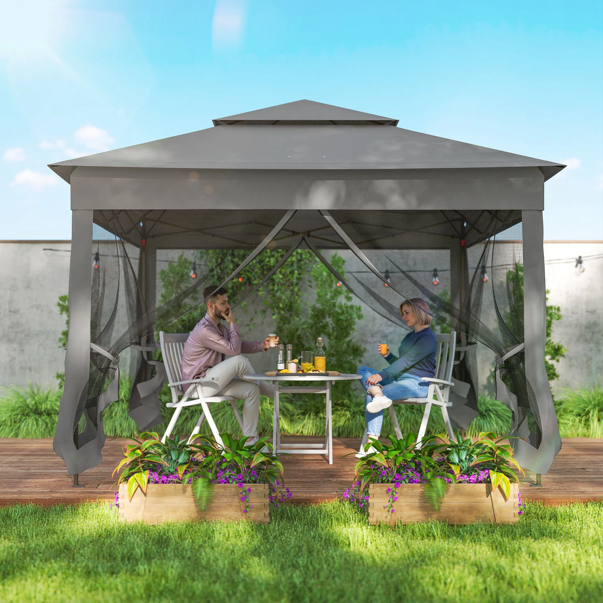 11' x 11' Pop-Up Canopy with 2-Tier Soft Top and Zipper Netting, Dark Grey - Image 9