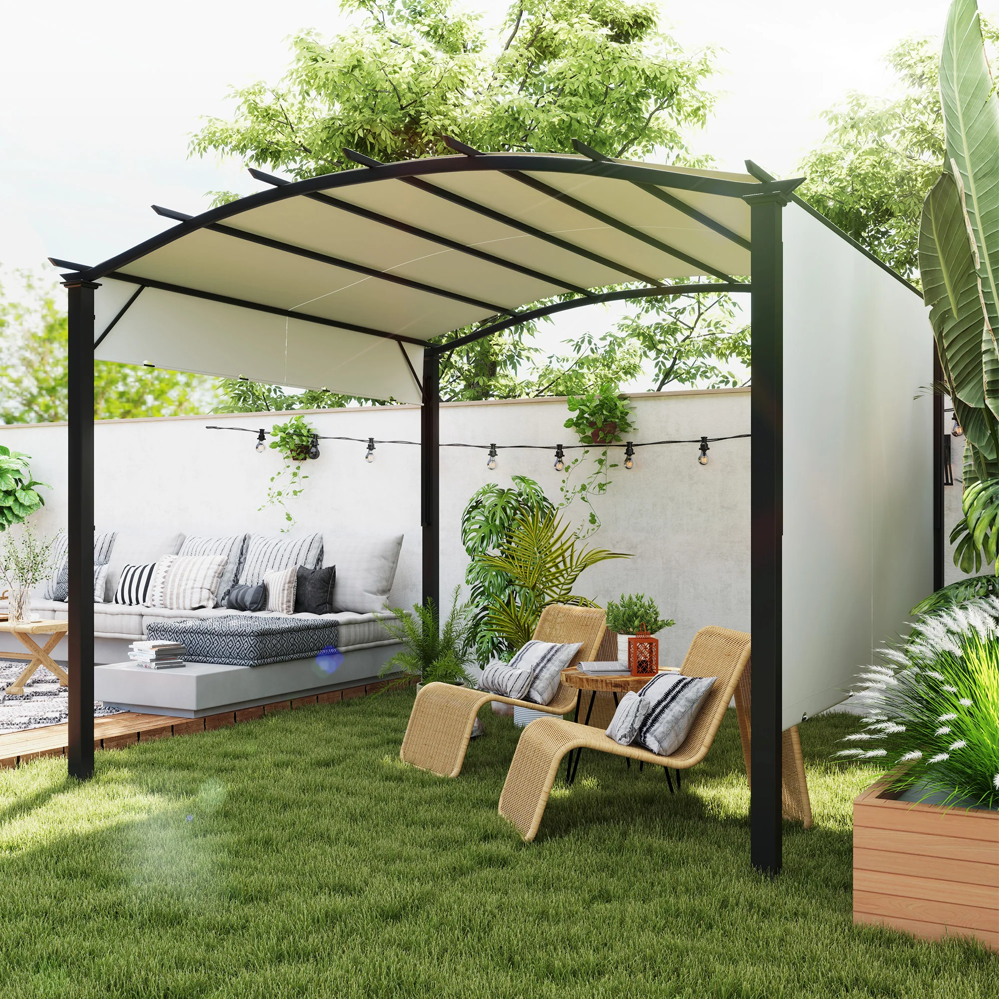 11' x 11' Retractable Pergola Canopy with Arched Metal Frame, Beige - Image 3
