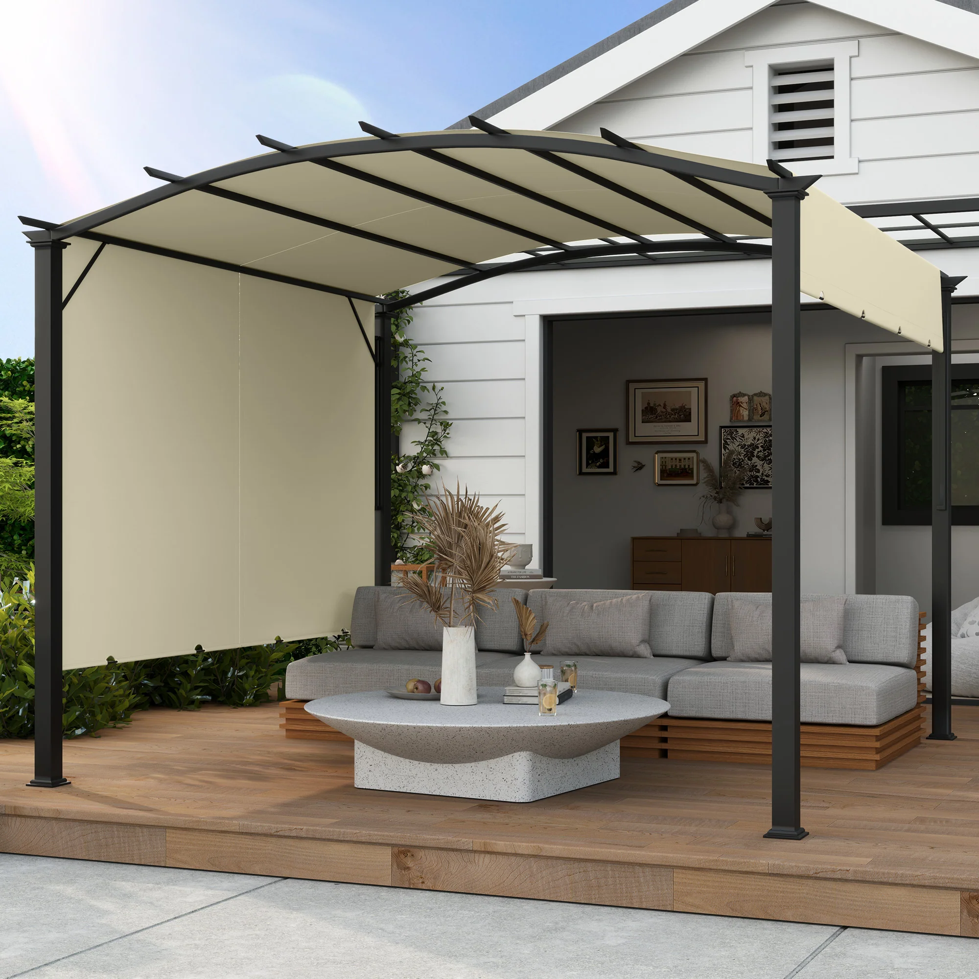 11' x 11' Retractable Pergola Canopy with Arched Metal Frame, Beige - Image 4