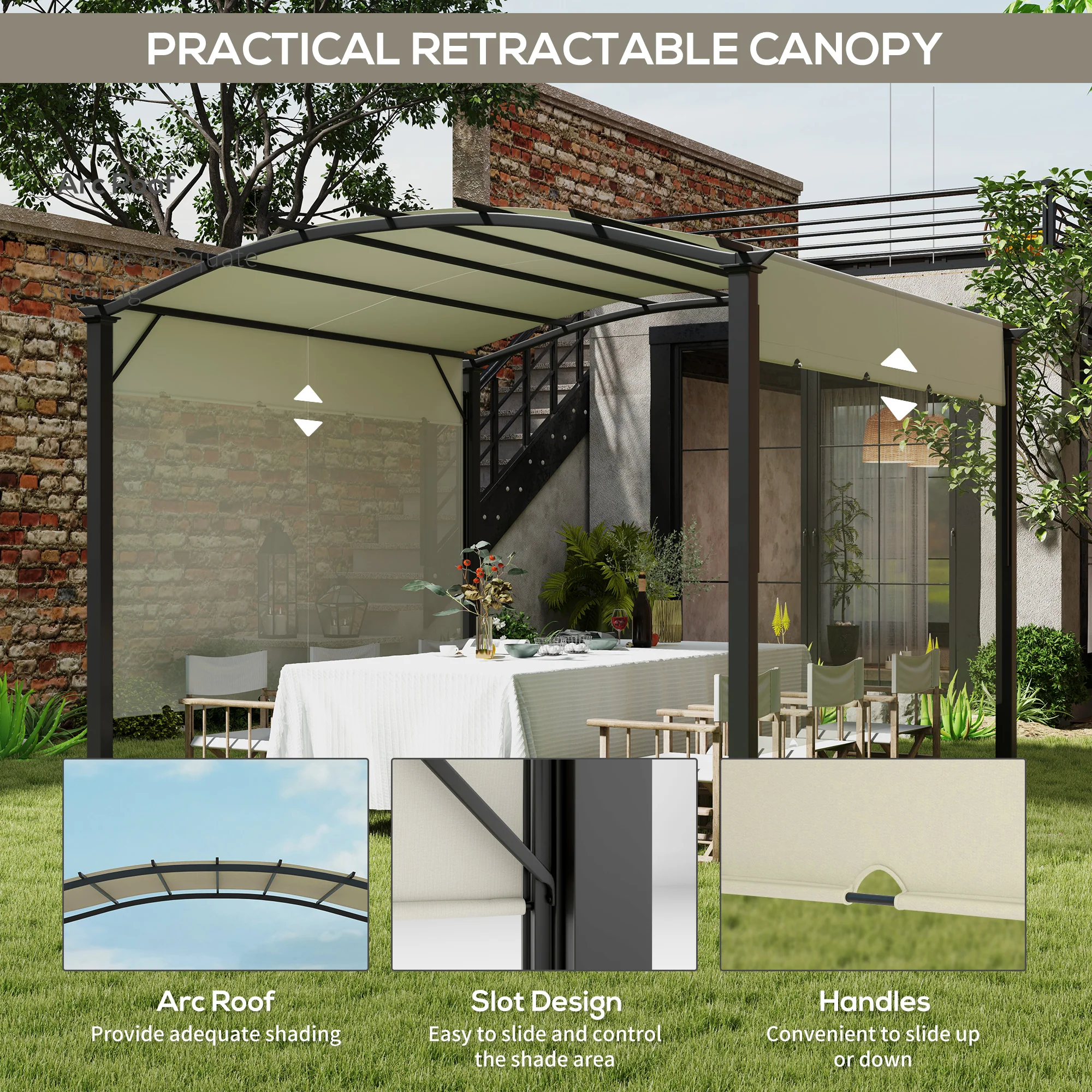 11' x 11' Retractable Pergola Canopy with Arched Metal Frame, Beige - Image 7