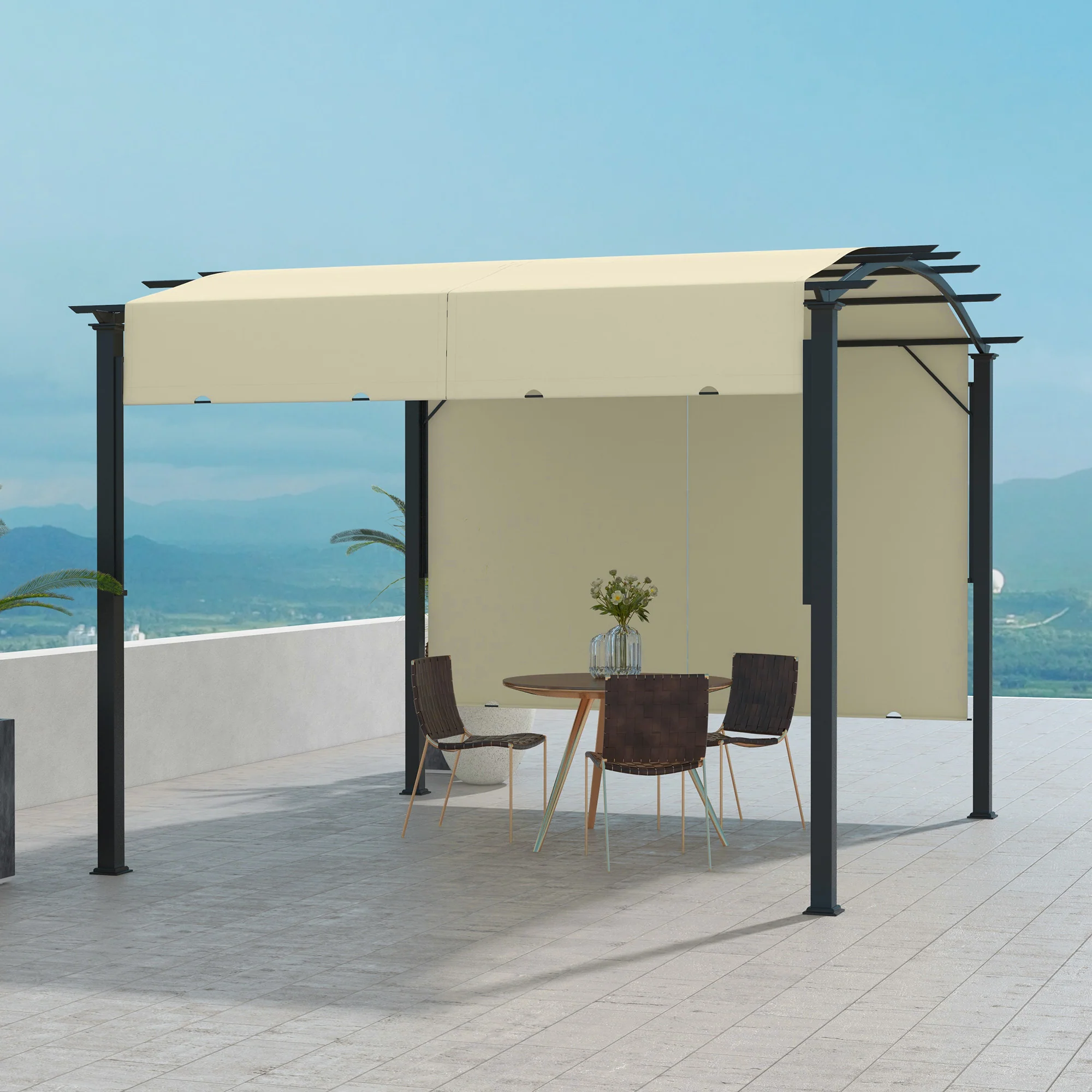 11' x 11' Retractable Pergola Canopy with Arched Metal Frame, Beige - Image 9