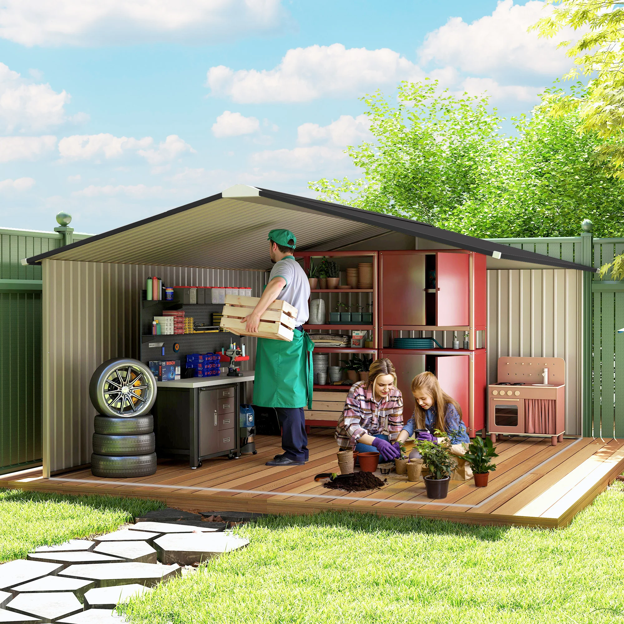 EverBase 11' x 13' Metal Garden Storage Shed with Foundation Kit & Double Doors, Brown - Image 11