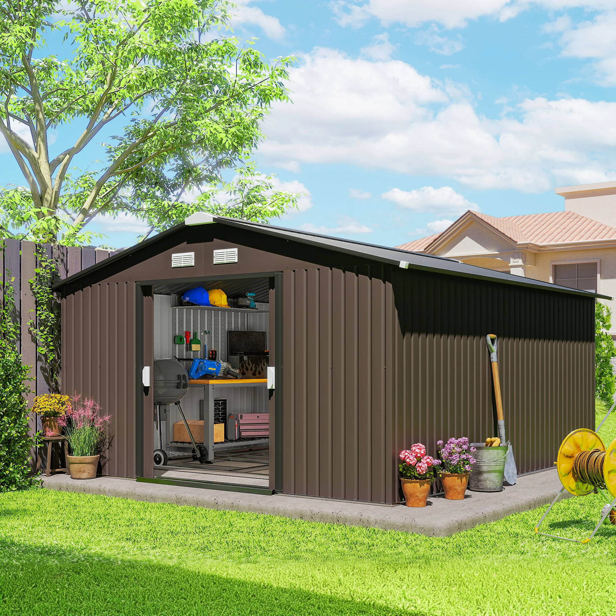 EverBase 11' x 13' Metal Garden Storage Shed with Foundation Kit & Double Doors, Brown - Image 2