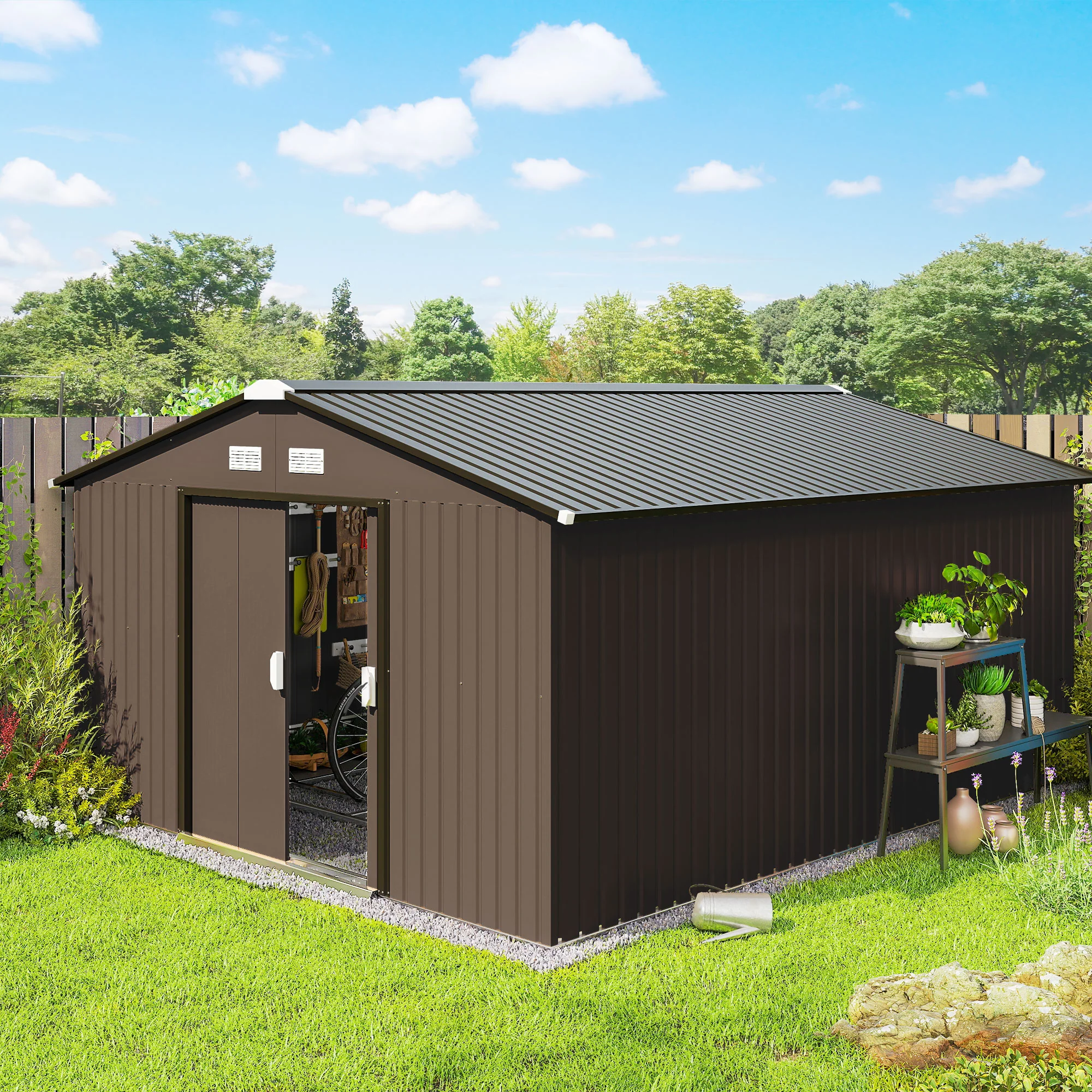 EverBase 11' x 13' Metal Garden Storage Shed with Foundation Kit & Double Doors, Brown - Image 3