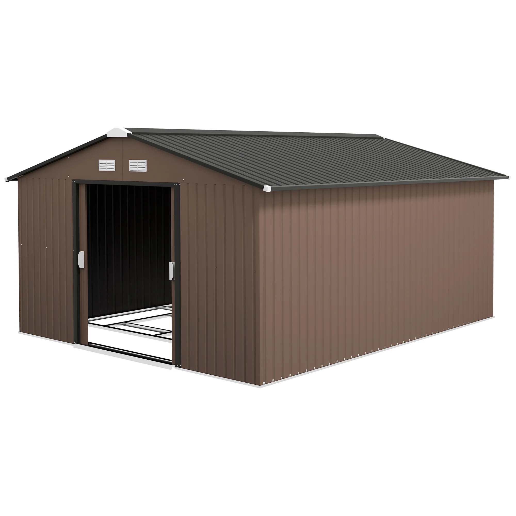 EverBase 11' x 13' Metal Garden Storage Shed with Foundation Kit & Double Doors, Brown - Image 4