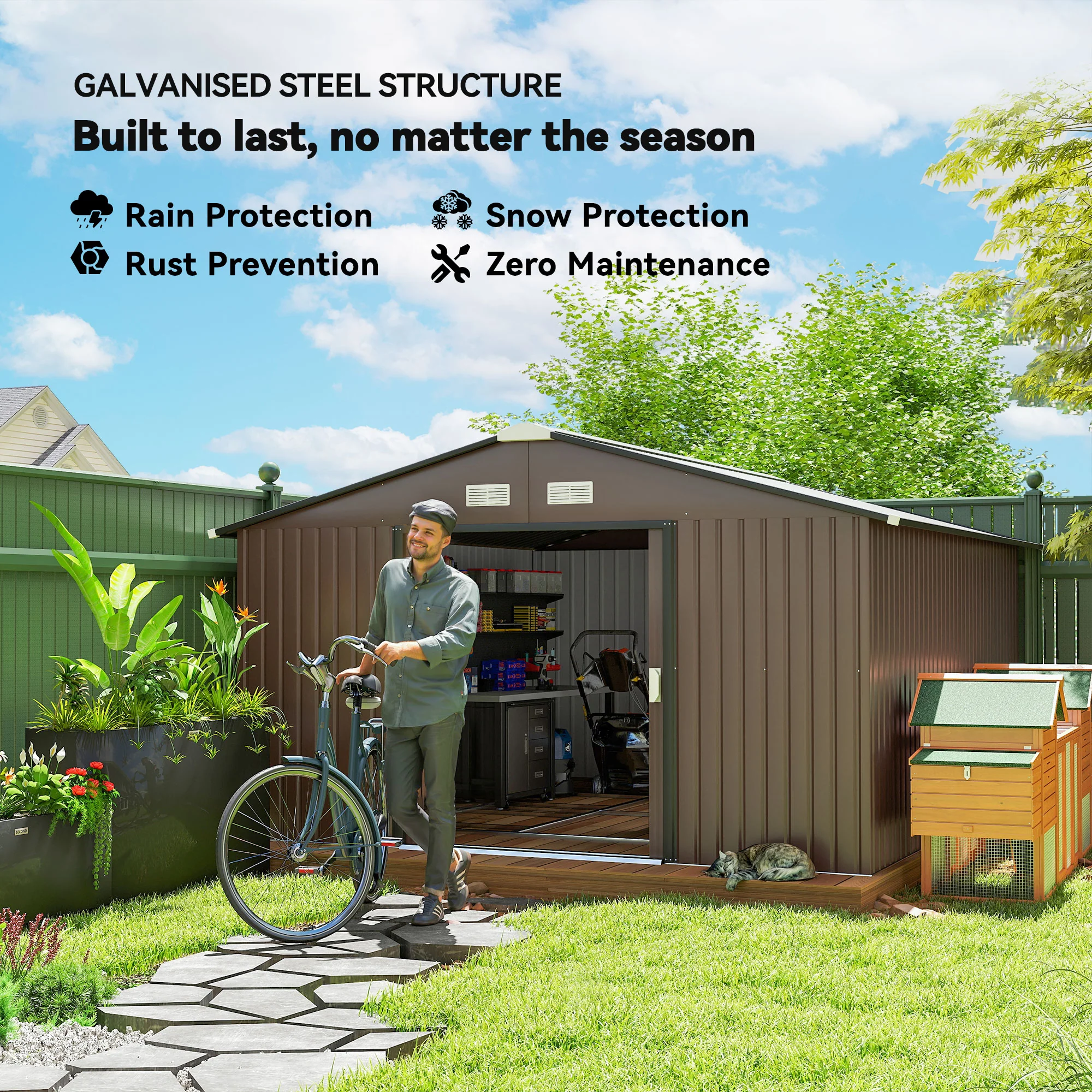 EverBase 11' x 13' Metal Garden Storage Shed with Foundation Kit & Double Doors, Brown - Image 6