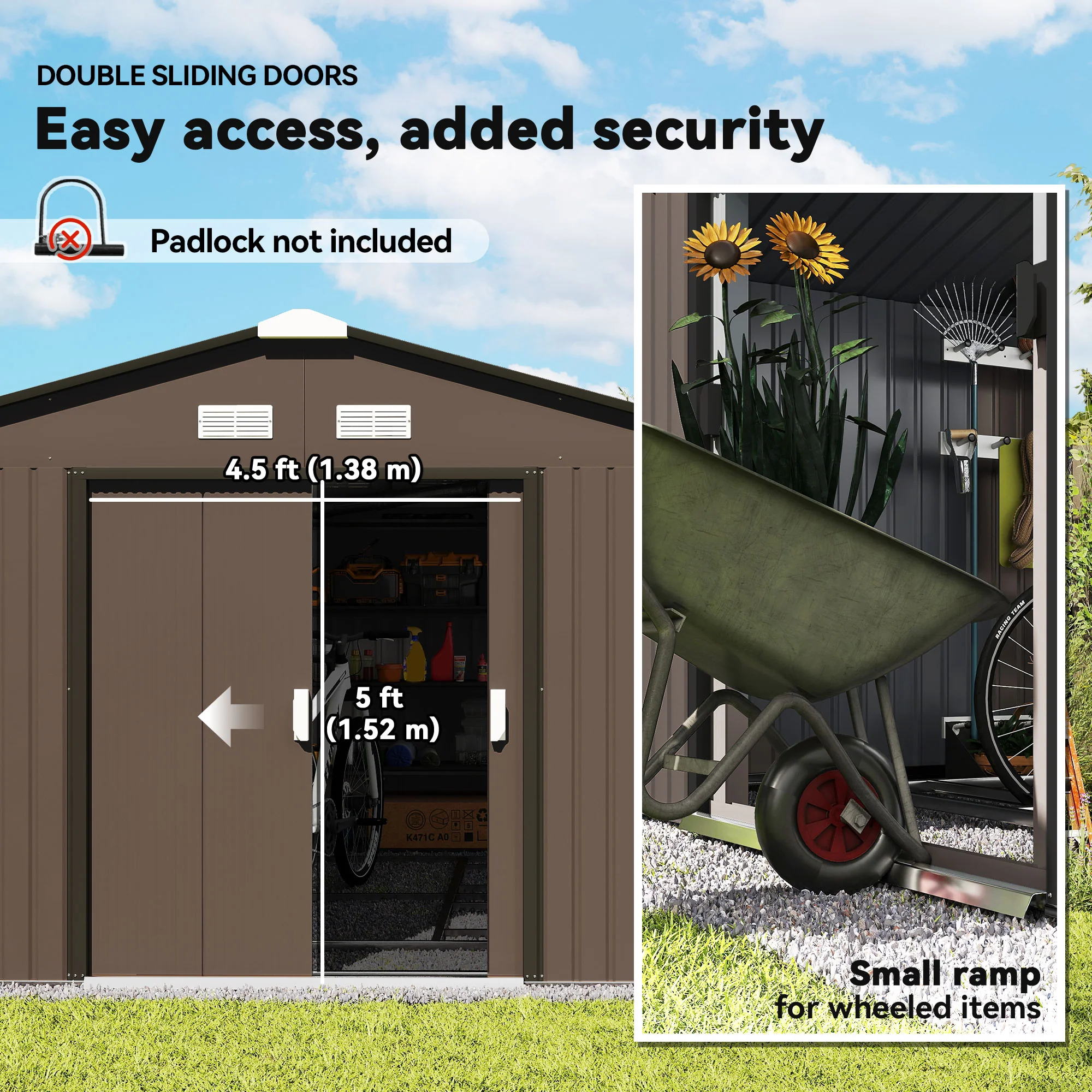EverBase 11' x 13' Metal Garden Storage Shed with Foundation Kit & Double Doors, Brown - Image 7