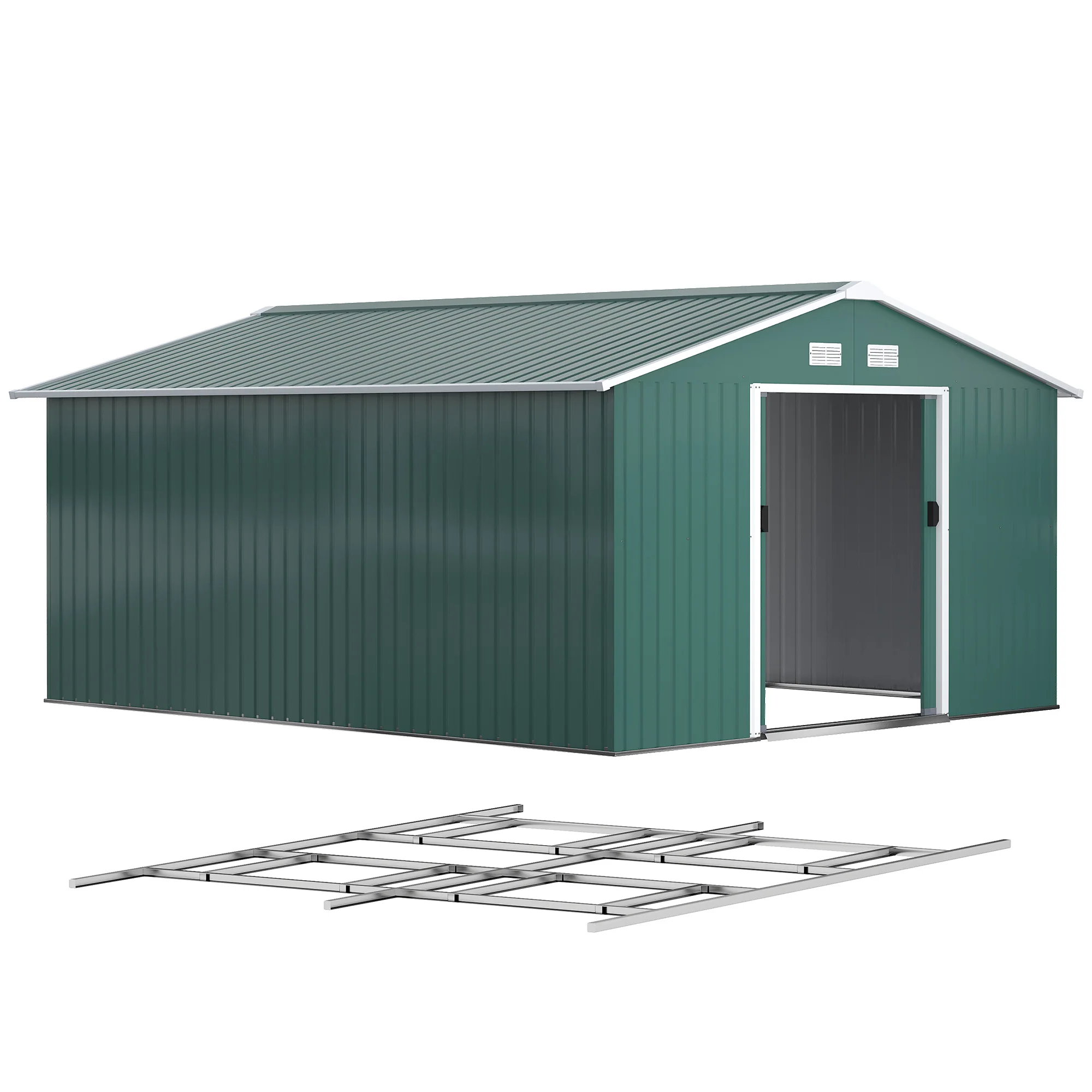 EverBase 11' x 13' Metal Garden Storage Shed with Foundation Kit & Double Doors, Green