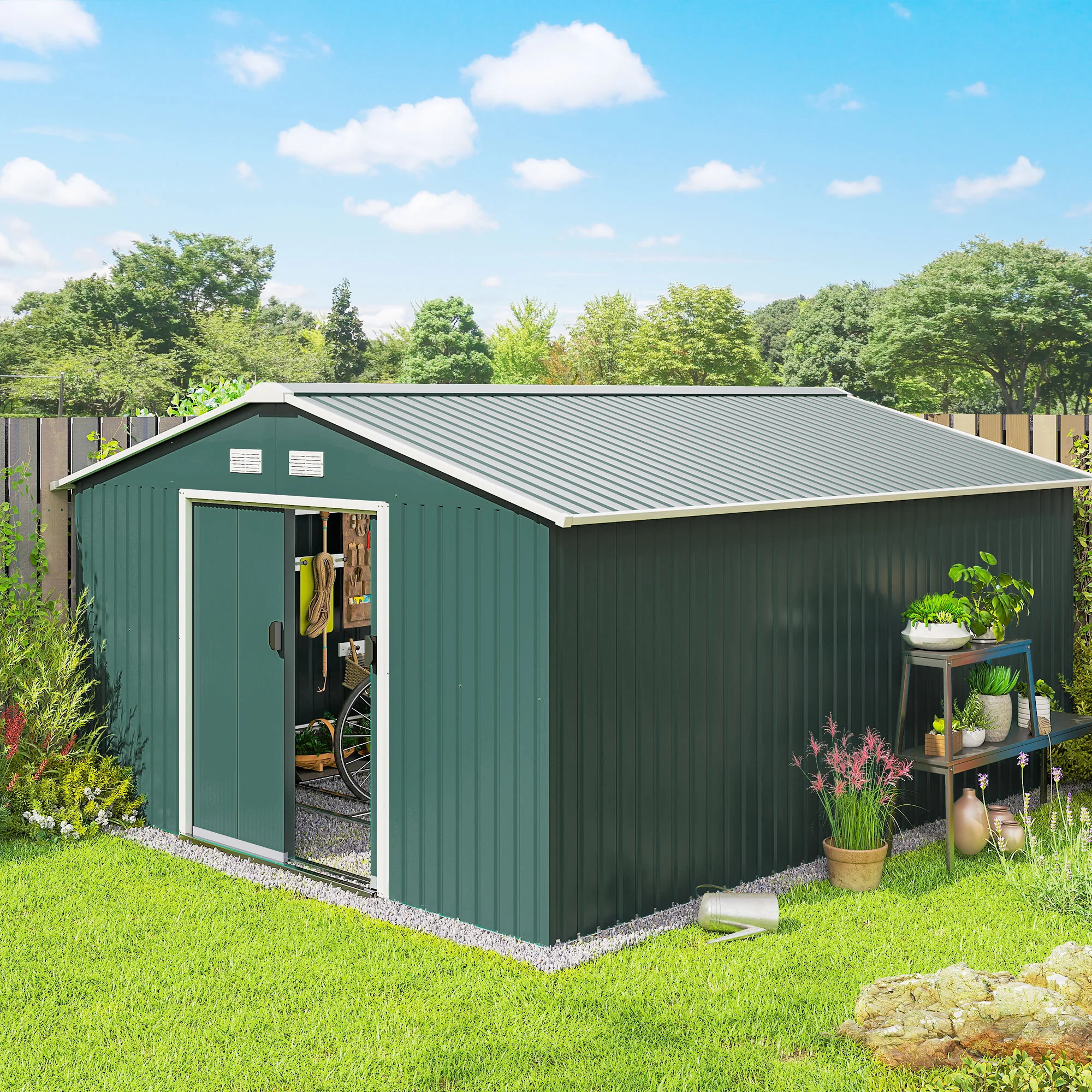 EverBase 11' x 13' Metal Garden Storage Shed with Foundation Kit & Double Doors, Green - Image 3
