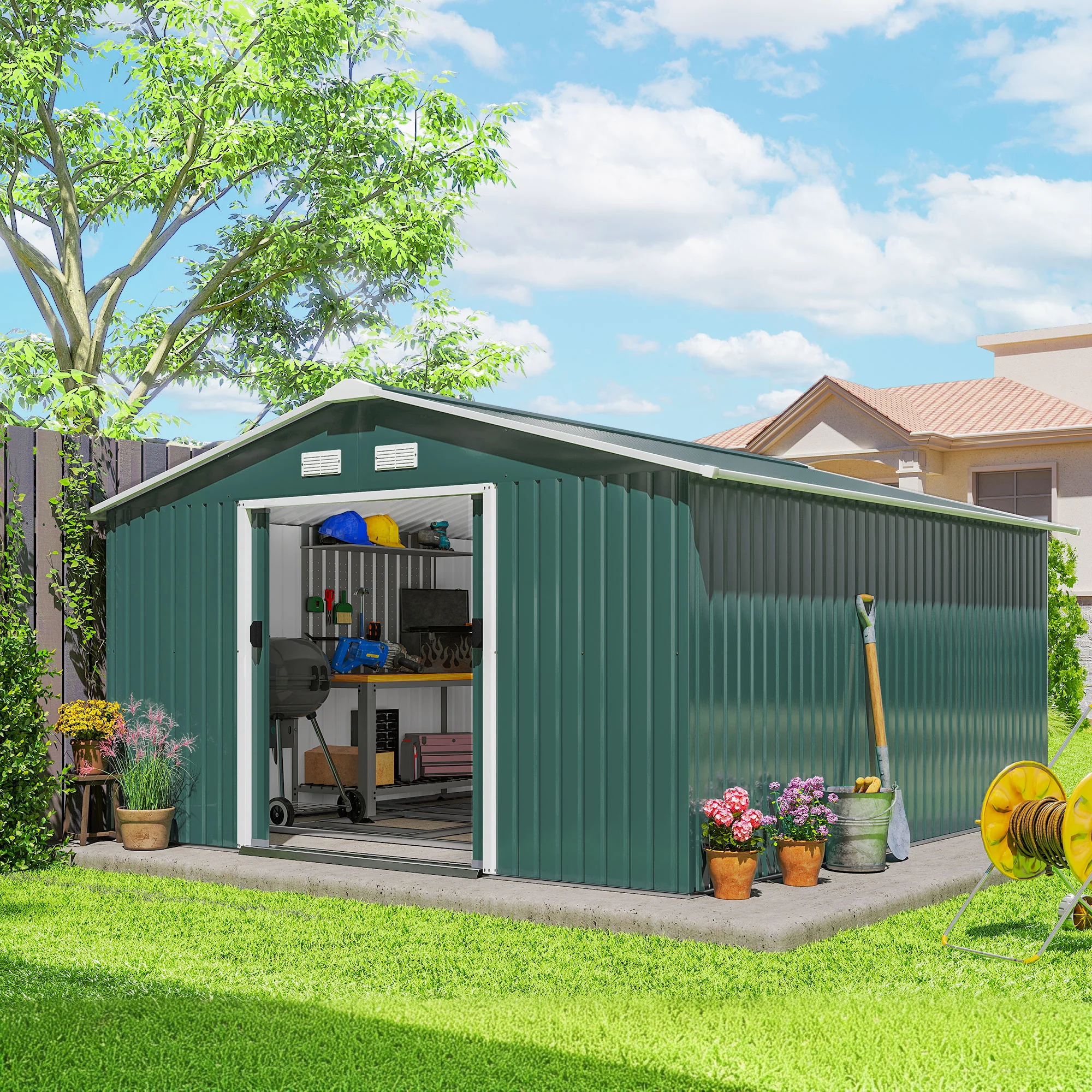 EverBase 11' x 13' Metal Garden Storage Shed with Foundation Kit & Double Doors, Green - Image 4