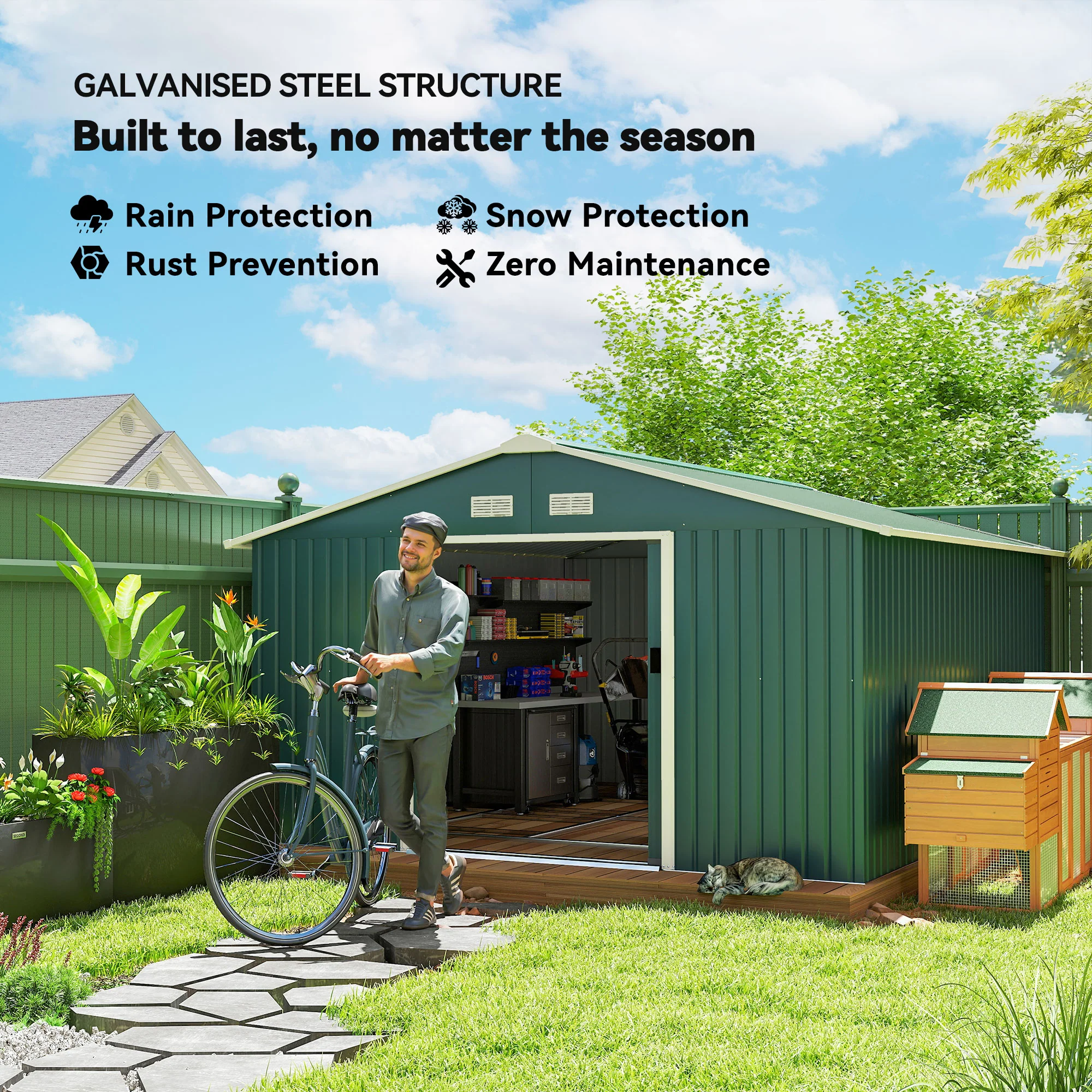 EverBase 11' x 13' Metal Garden Storage Shed with Foundation Kit & Double Doors, Green - Image 6