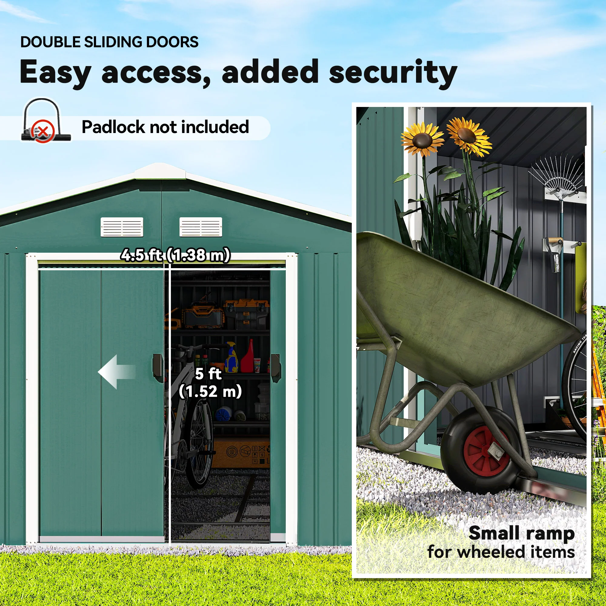 EverBase 11' x 13' Metal Garden Storage Shed with Foundation Kit & Double Doors, Green - Image 7