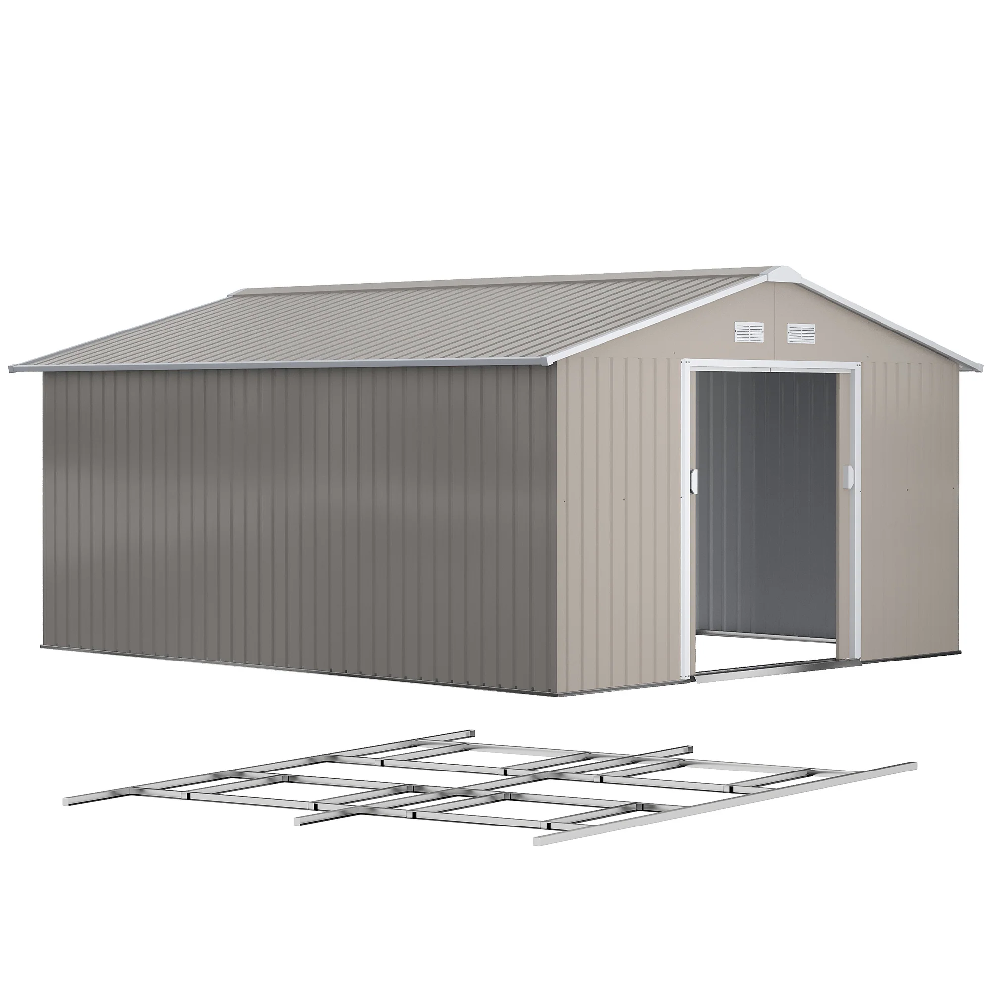 EverBase 11' x 13' Metal Garden Storage Shed with Foundation Kit & Double Doors, Light Grey
