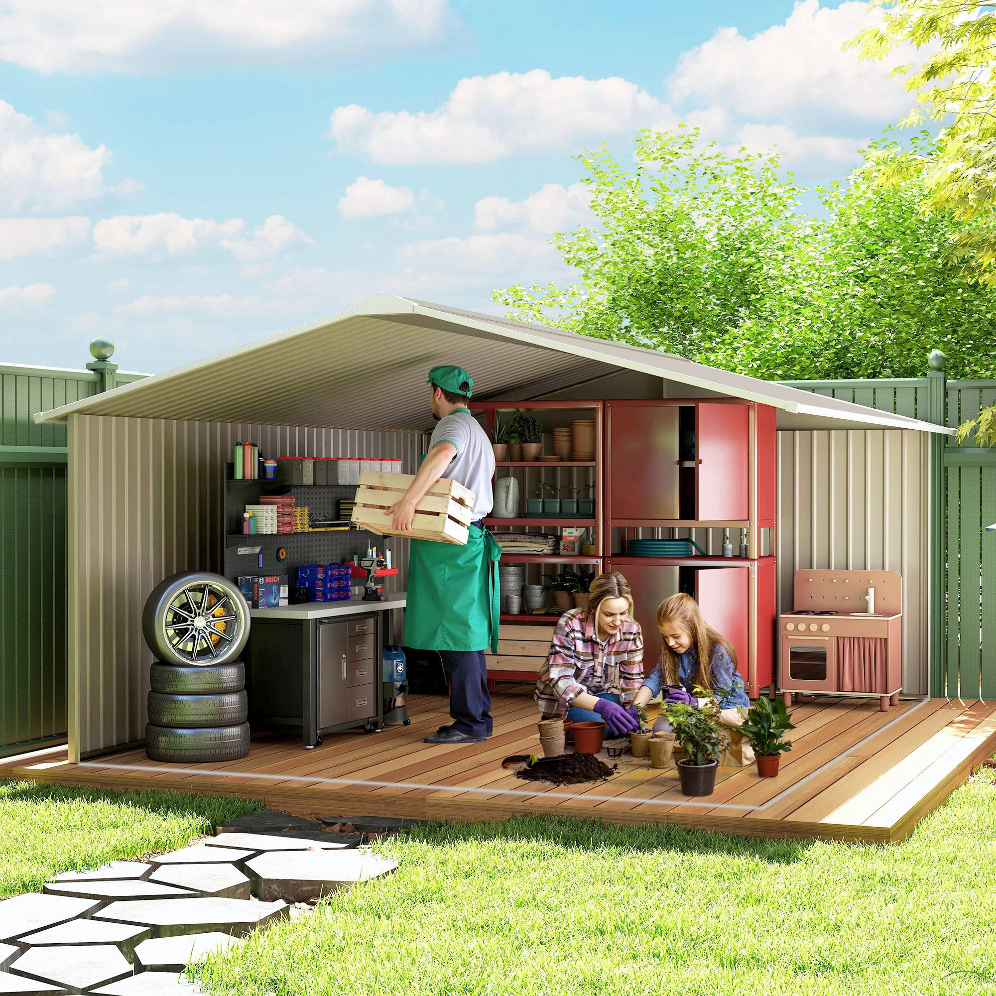 EverBase 11' x 13' Metal Garden Storage Shed with Foundation Kit & Double Doors, Light Grey - Image 11