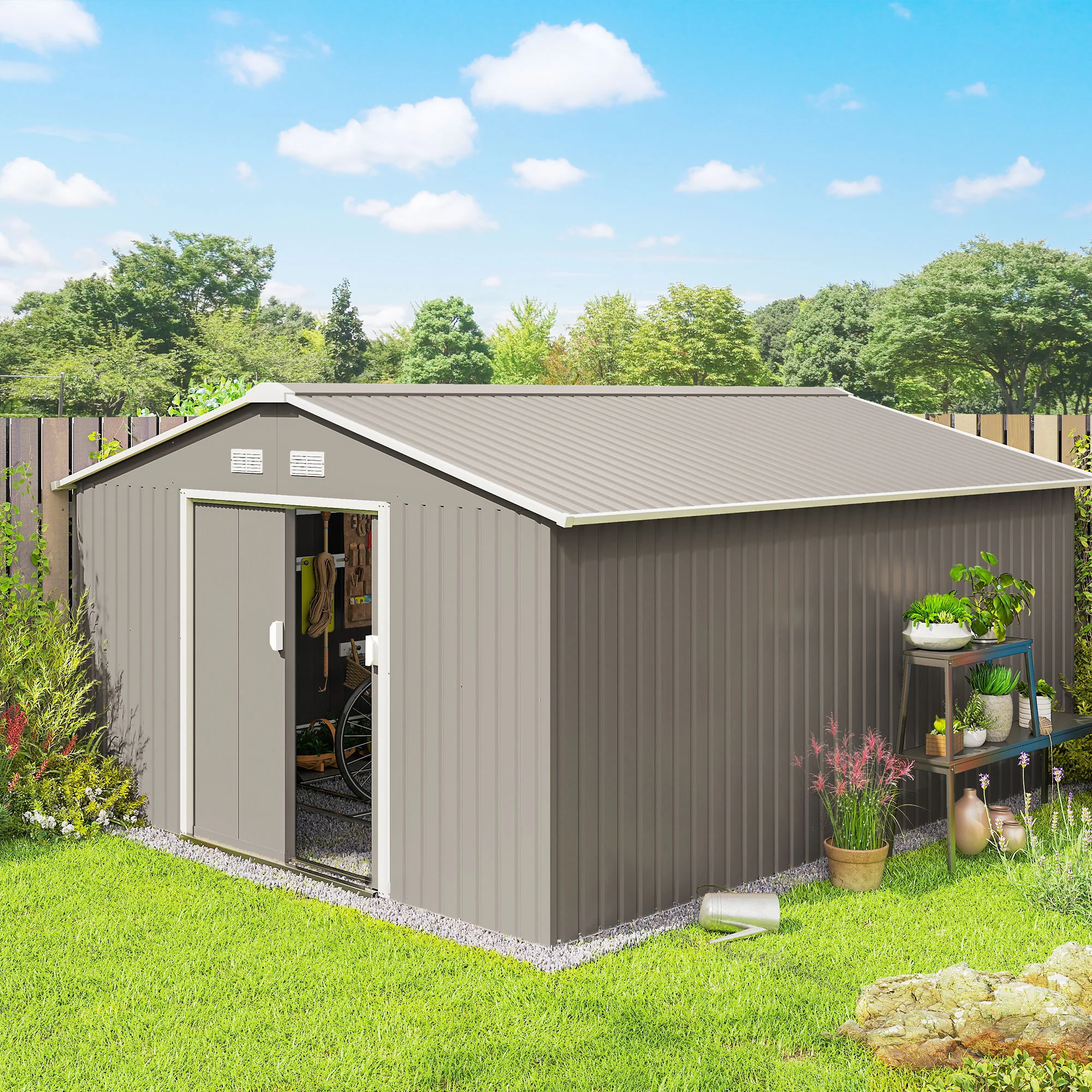 EverBase 11' x 13' Metal Garden Storage Shed with Foundation Kit & Double Doors, Light Grey - Image 3