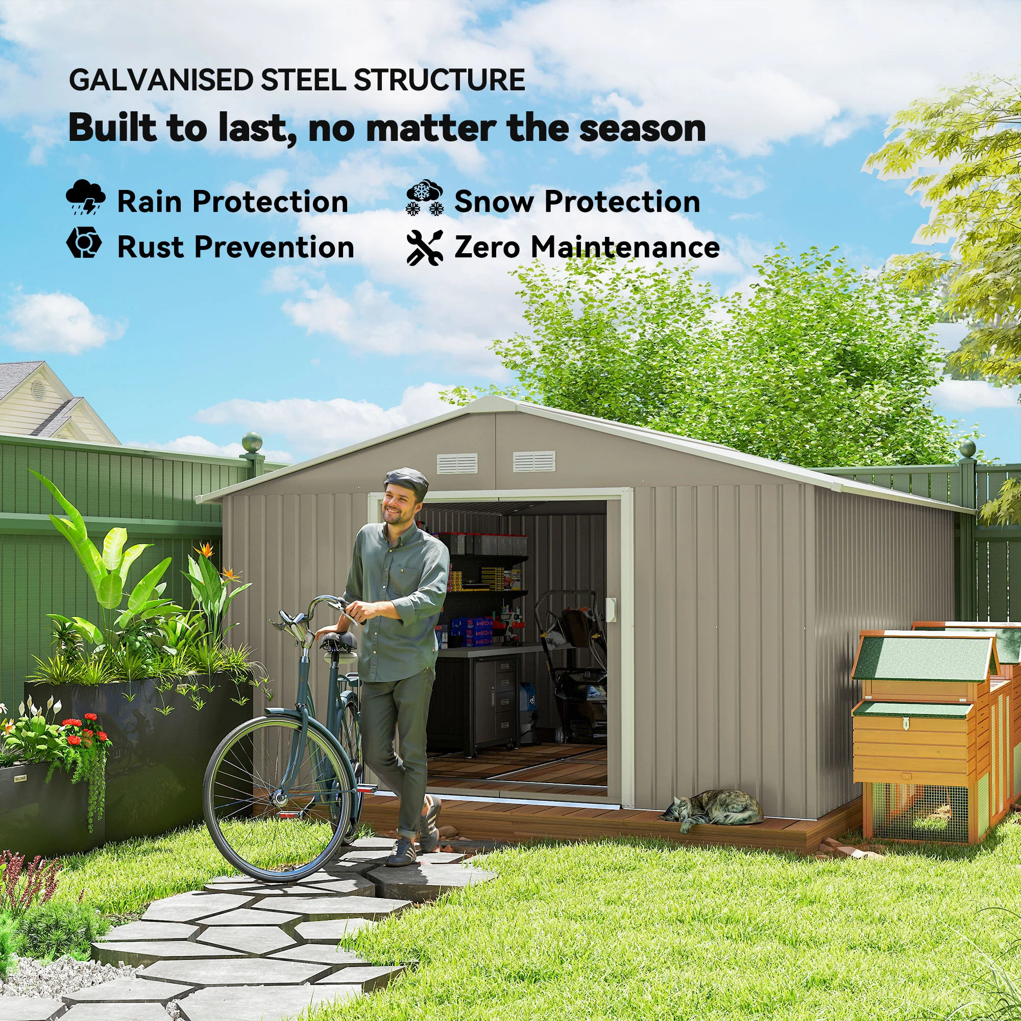 EverBase 11' x 13' Metal Garden Storage Shed with Foundation Kit & Double Doors, Light Grey - Image 6