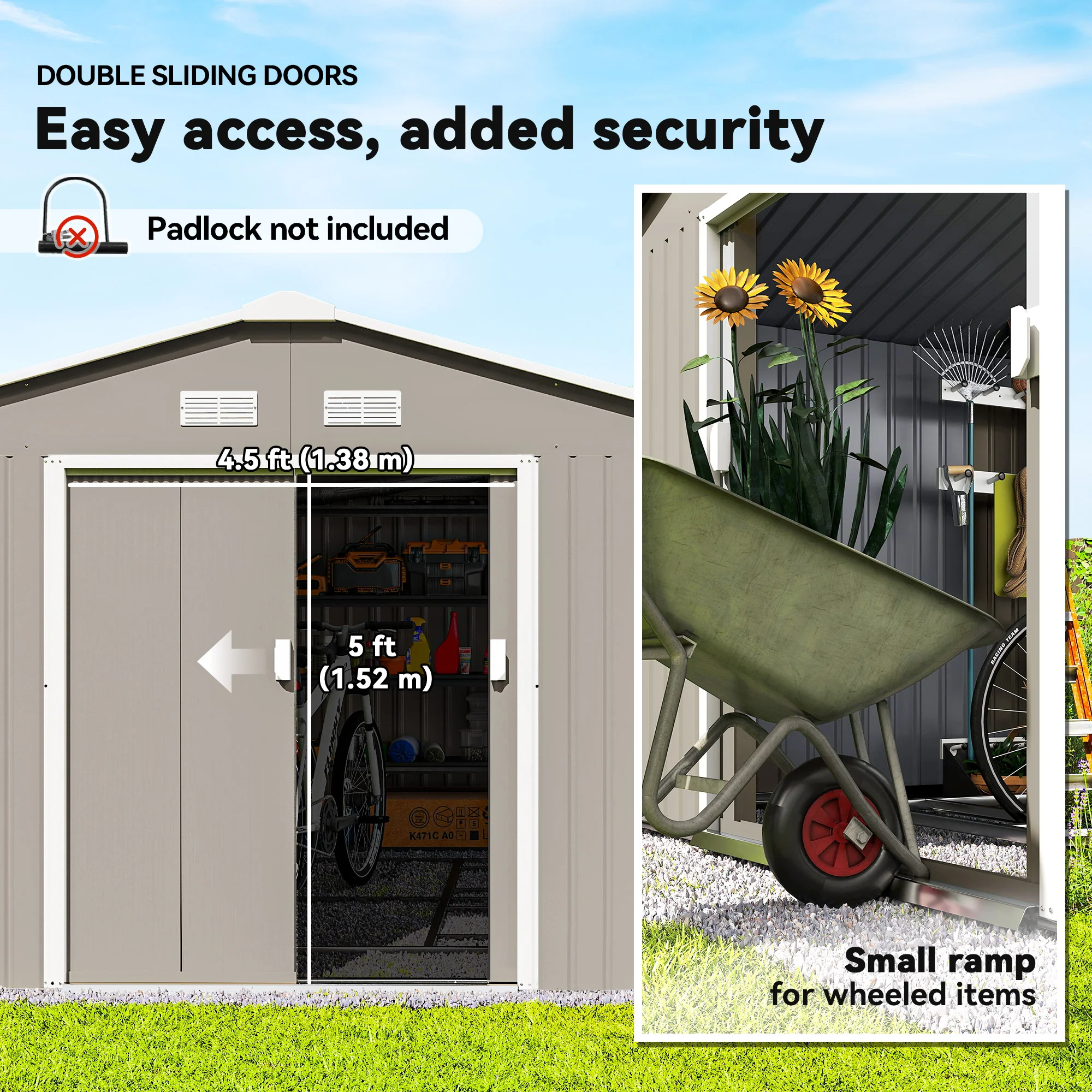 EverBase 11' x 13' Metal Garden Storage Shed with Foundation Kit & Double Doors, Light Grey - Image 7