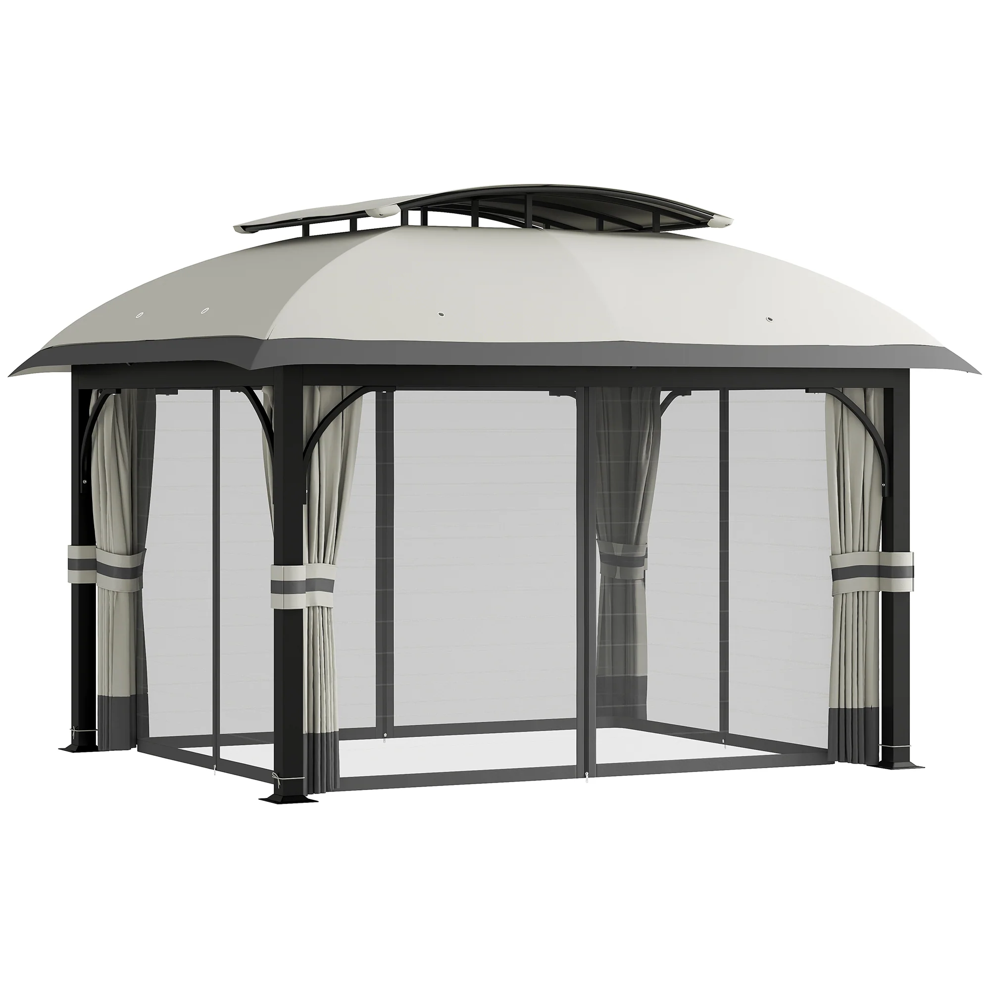 11' x 13' Double Roof Gazebo with Netting & Galvanized Frame, Light Grey