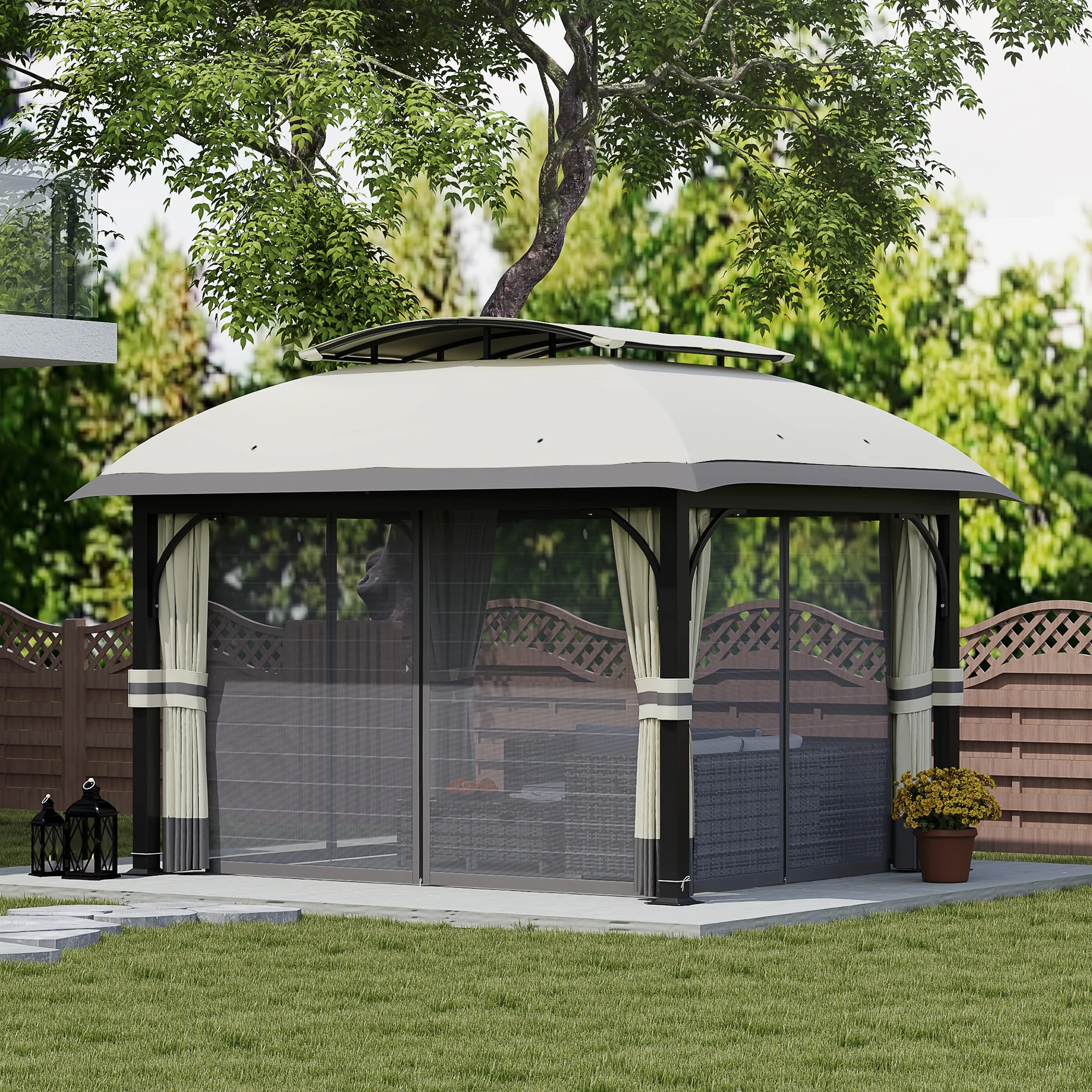 11' x 13' Double Roof Gazebo with Netting & Galvanized Frame, Light Grey - Image 3