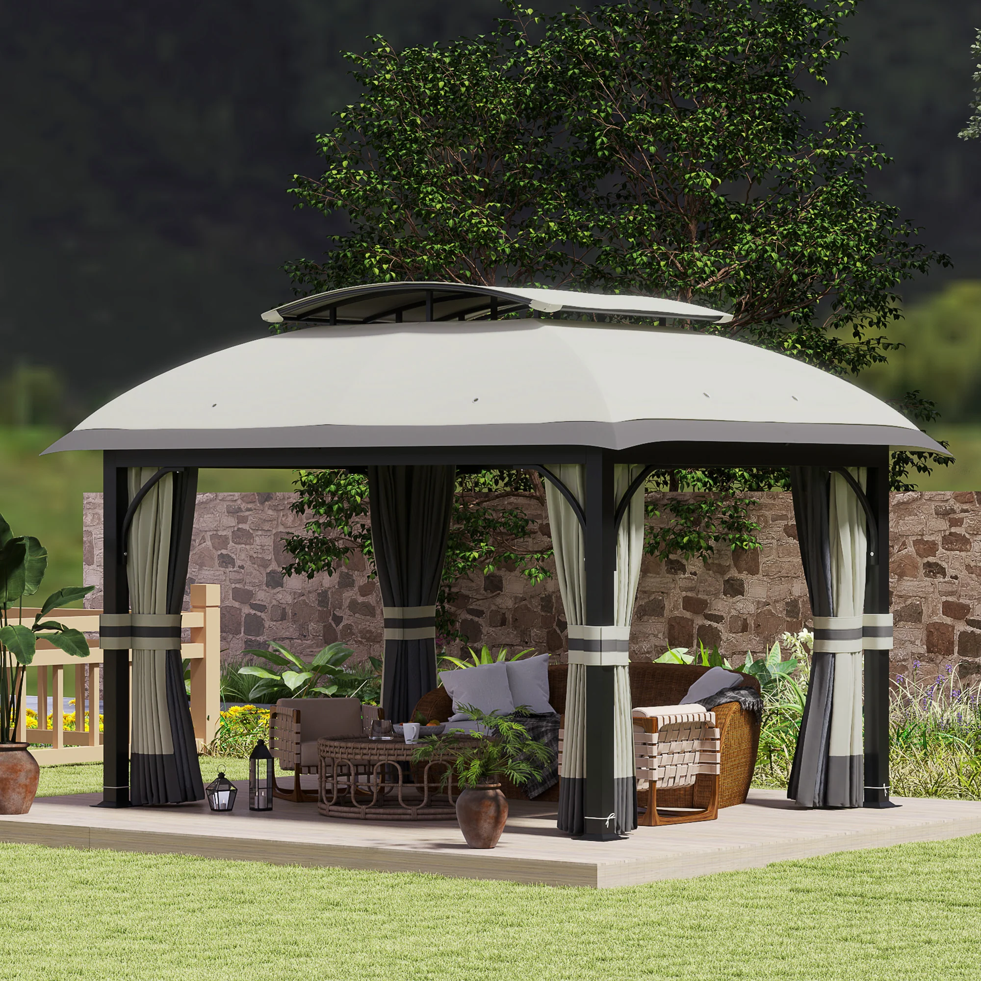 11' x 13' Double Roof Gazebo with Netting & Galvanized Frame, Light Grey - Image 4