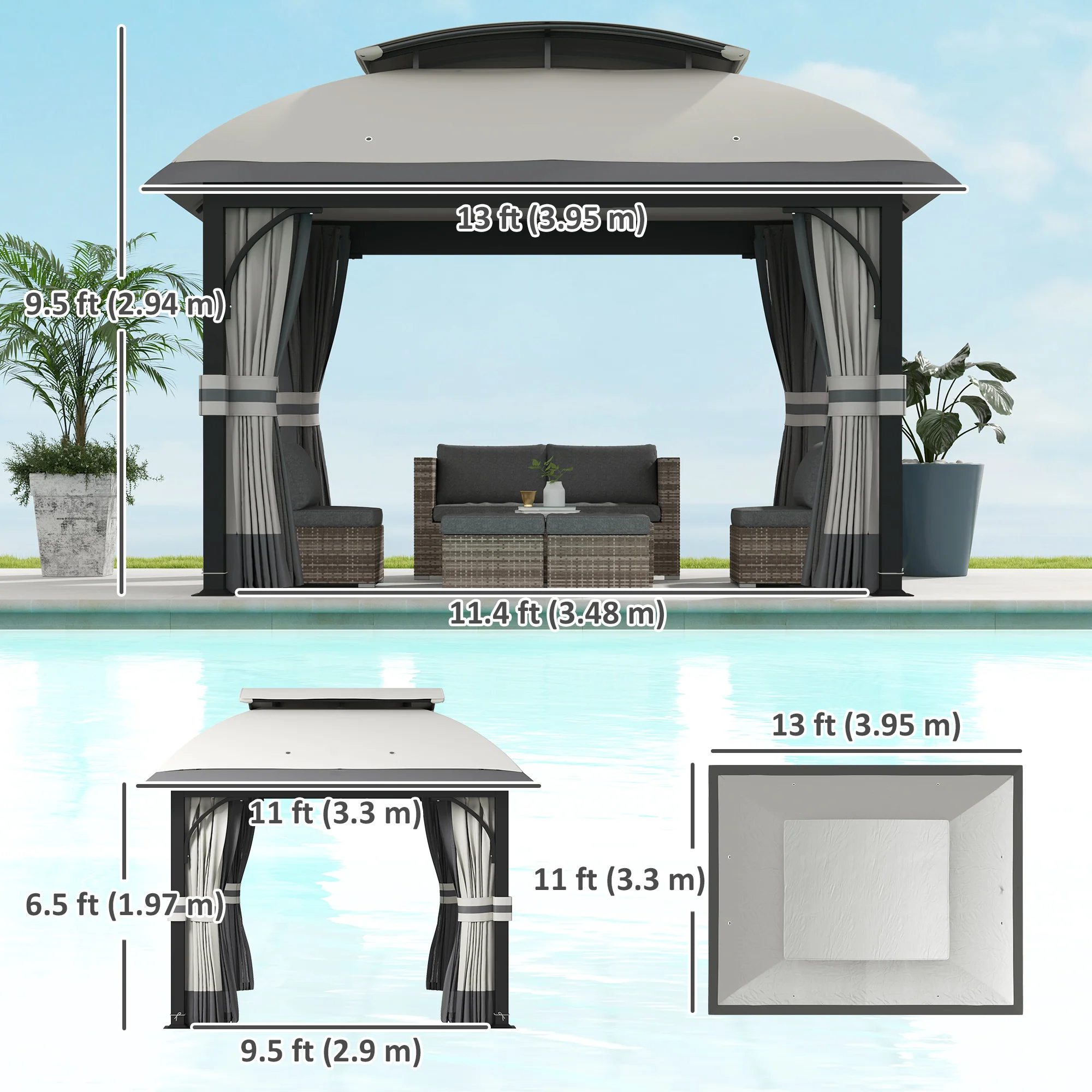 11' x 13' Double Roof Gazebo with Netting & Galvanized Frame, Light Grey - Image 5